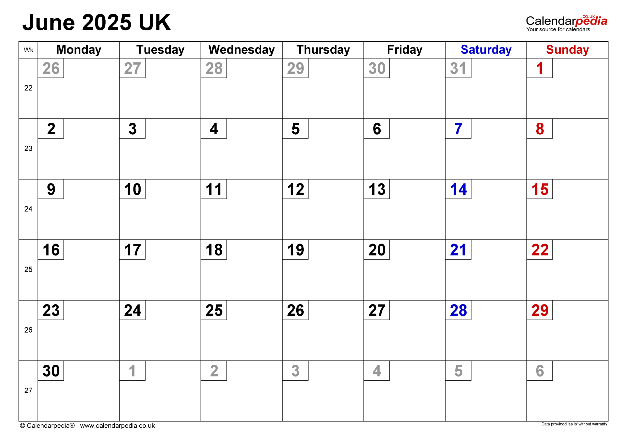 Calendar June 2025 UK With PDF Excel And Word Templates
