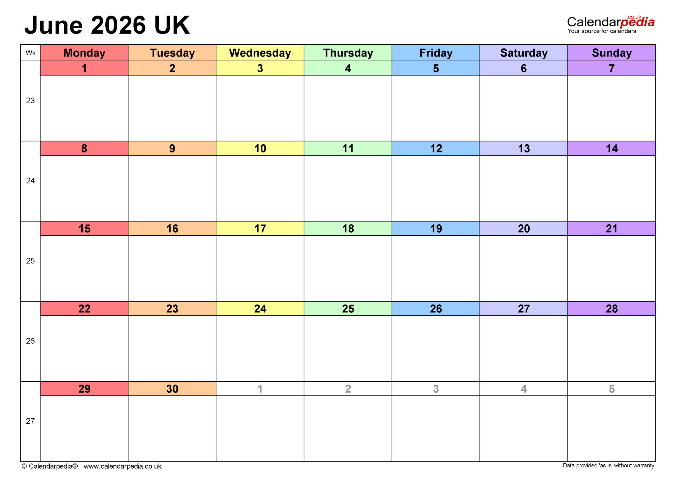 Calendar June 2026 UK With PDF Excel And Word Templates