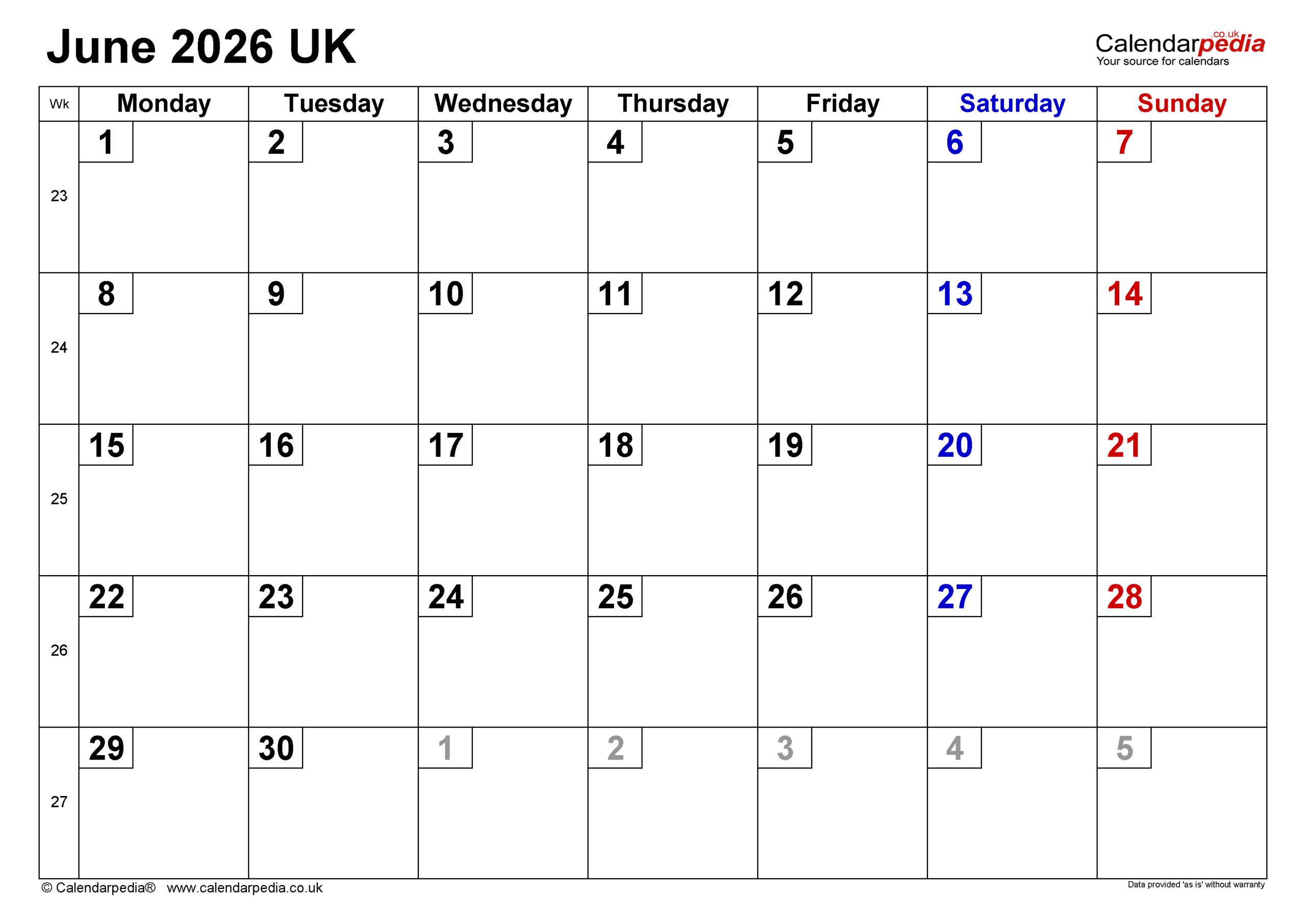 Calendar June 2026 UK With PDF Excel And Word Templates