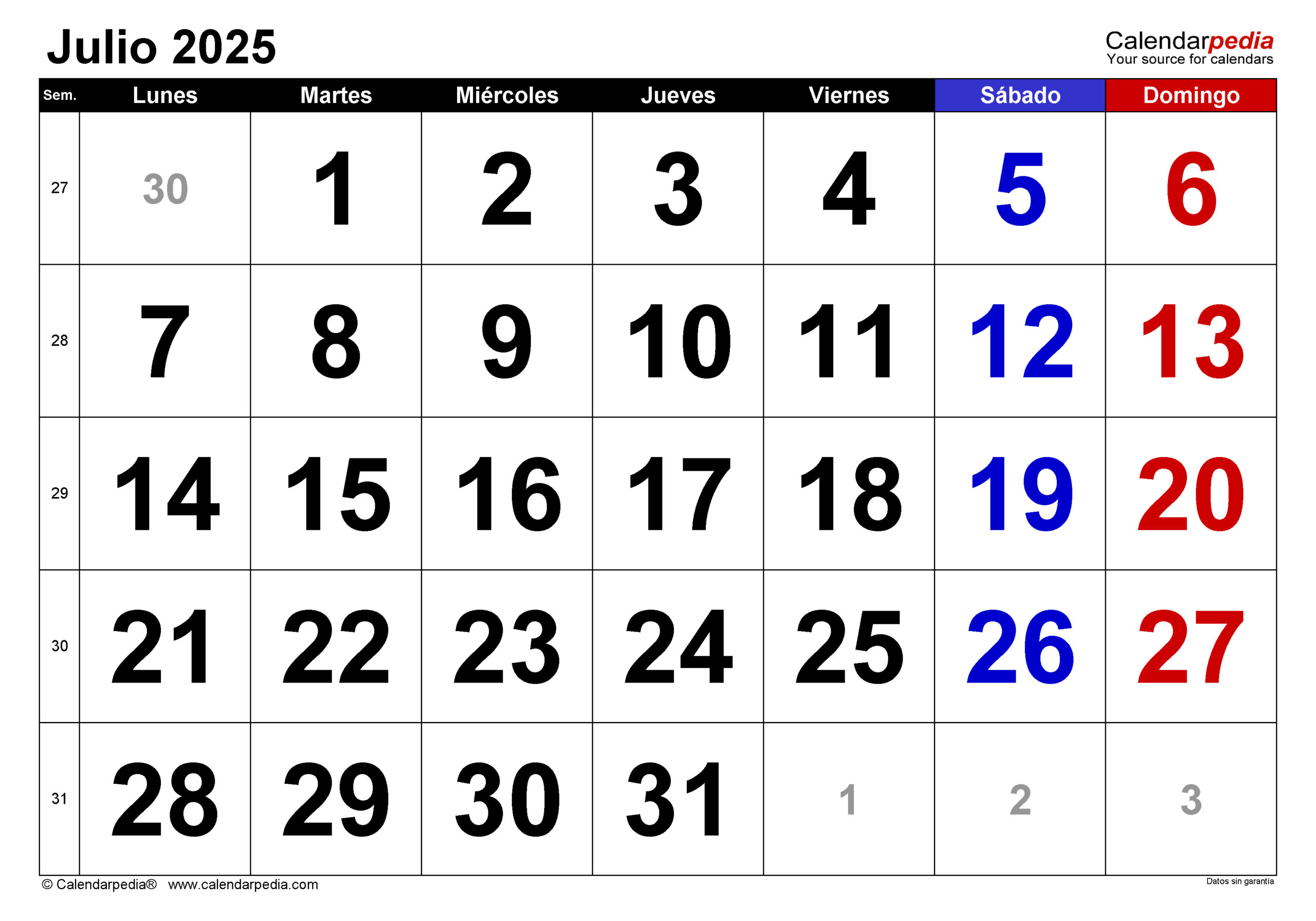 Calendario Julio 2025 En PDF Excel Y Word Calendarpedia