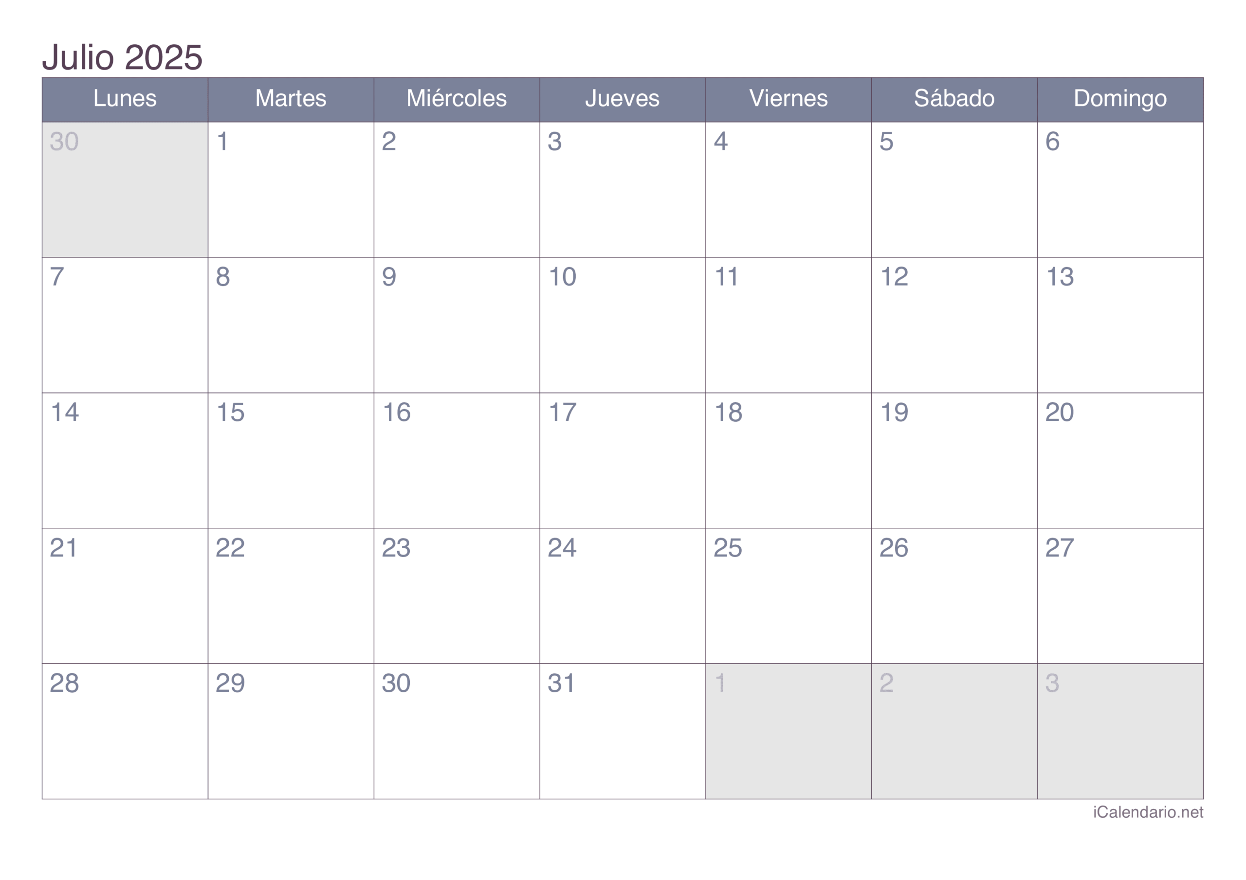 Calendario Julio De 2025 Para Imprimir
