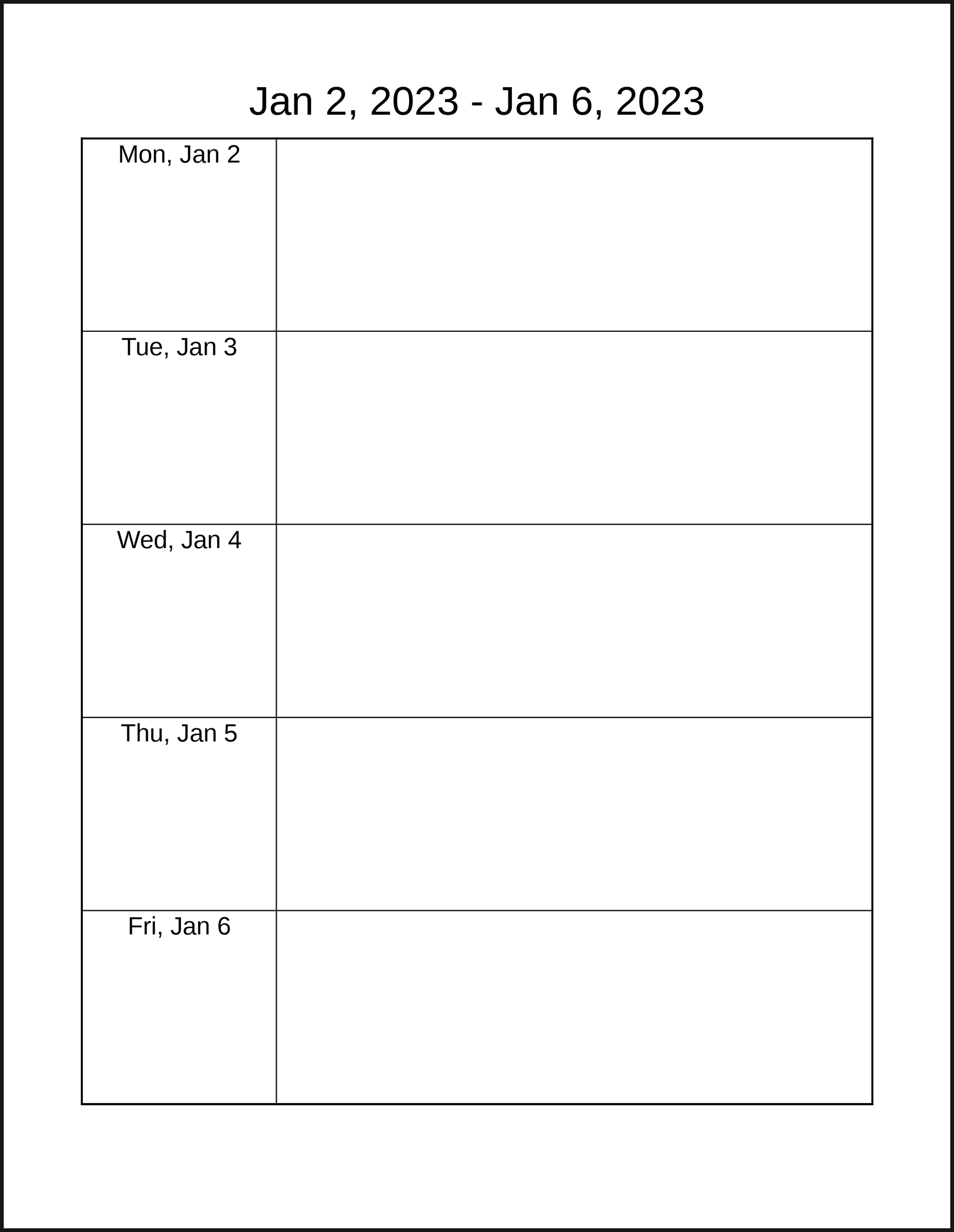 Printable Monday Through Friday Calendar