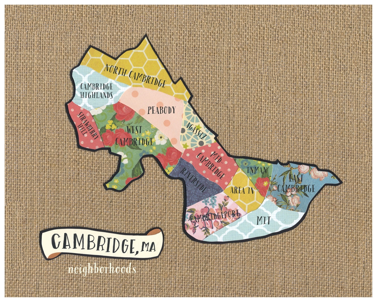 Cambridge MA Neighborhood Map Original Cut Paper Print FREE SHIPPING Etsy