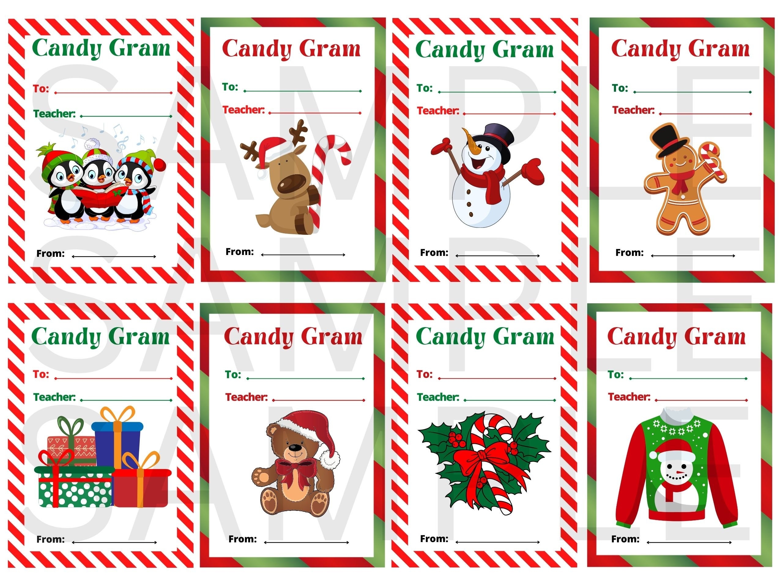 Candy Grams Christmas Candy Cane Gift School PTA PTSA Fundraiser 8 Printable Tags On A Page In Color Etsy