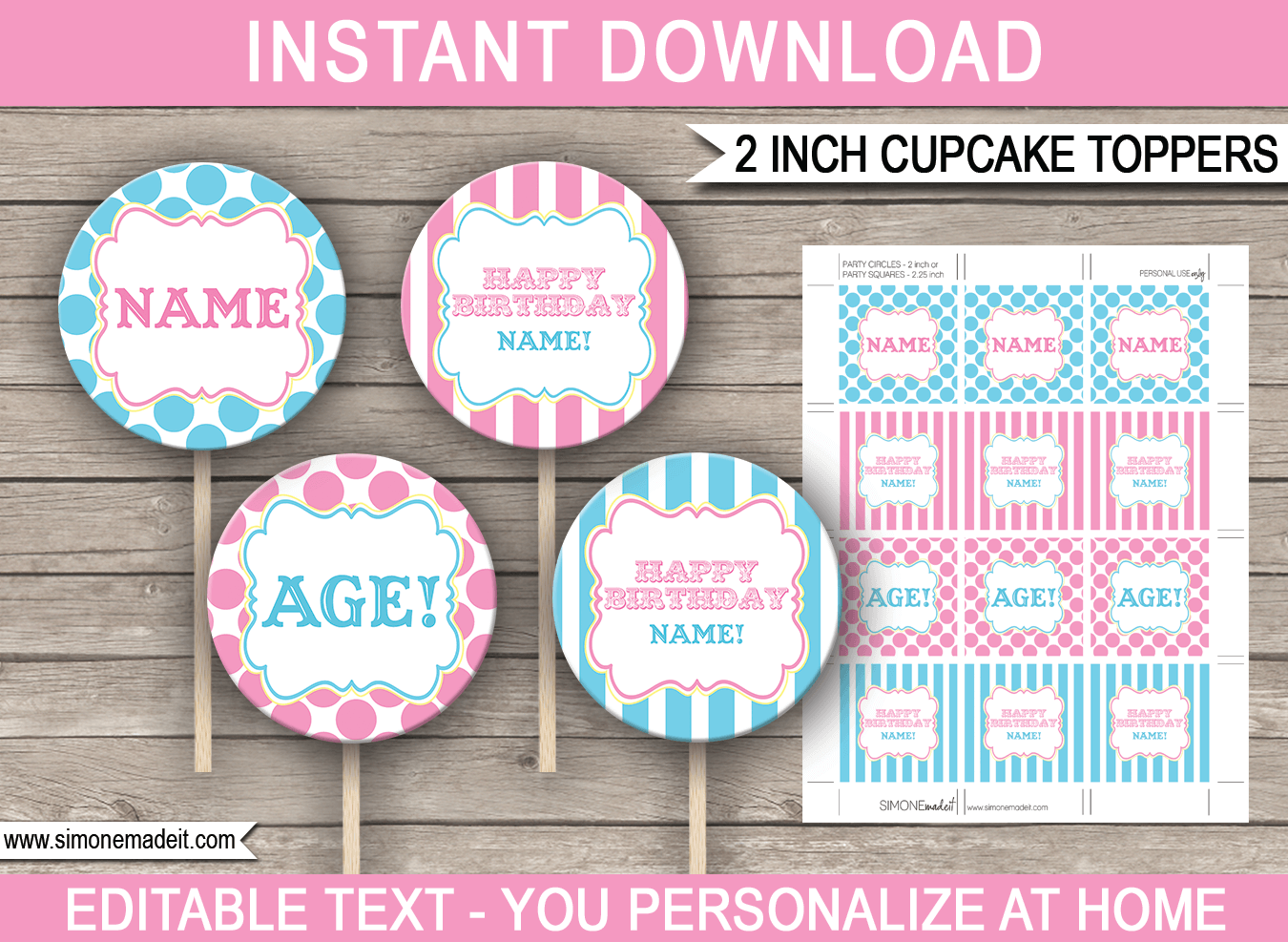Carnival Cupcake Toppers Template Pink aqua
