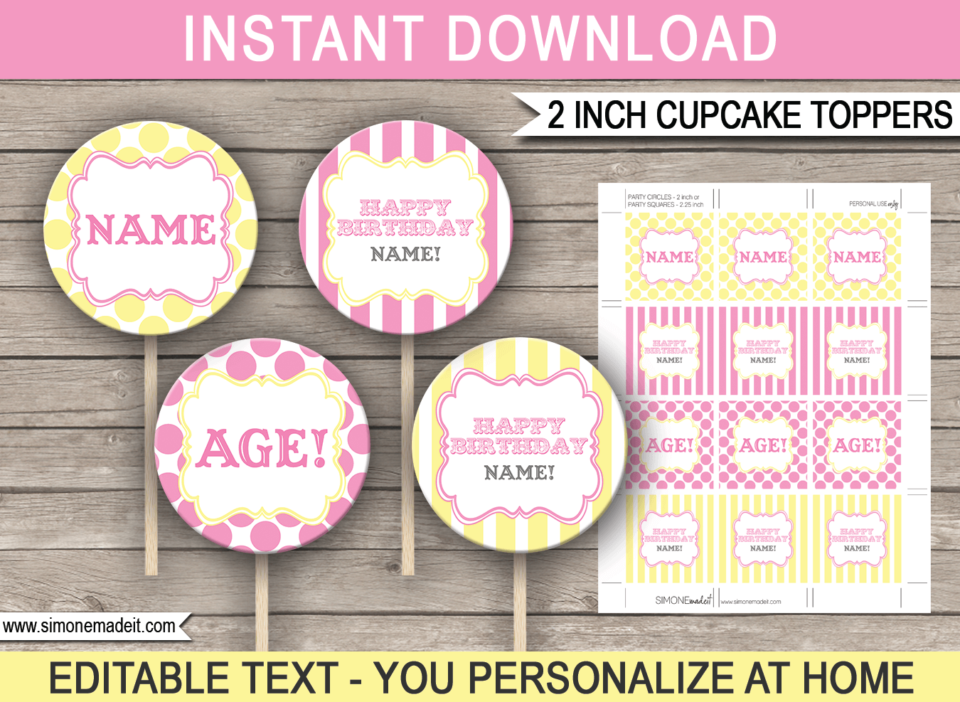 Carnival Cupcake Toppers Template Pink yellow