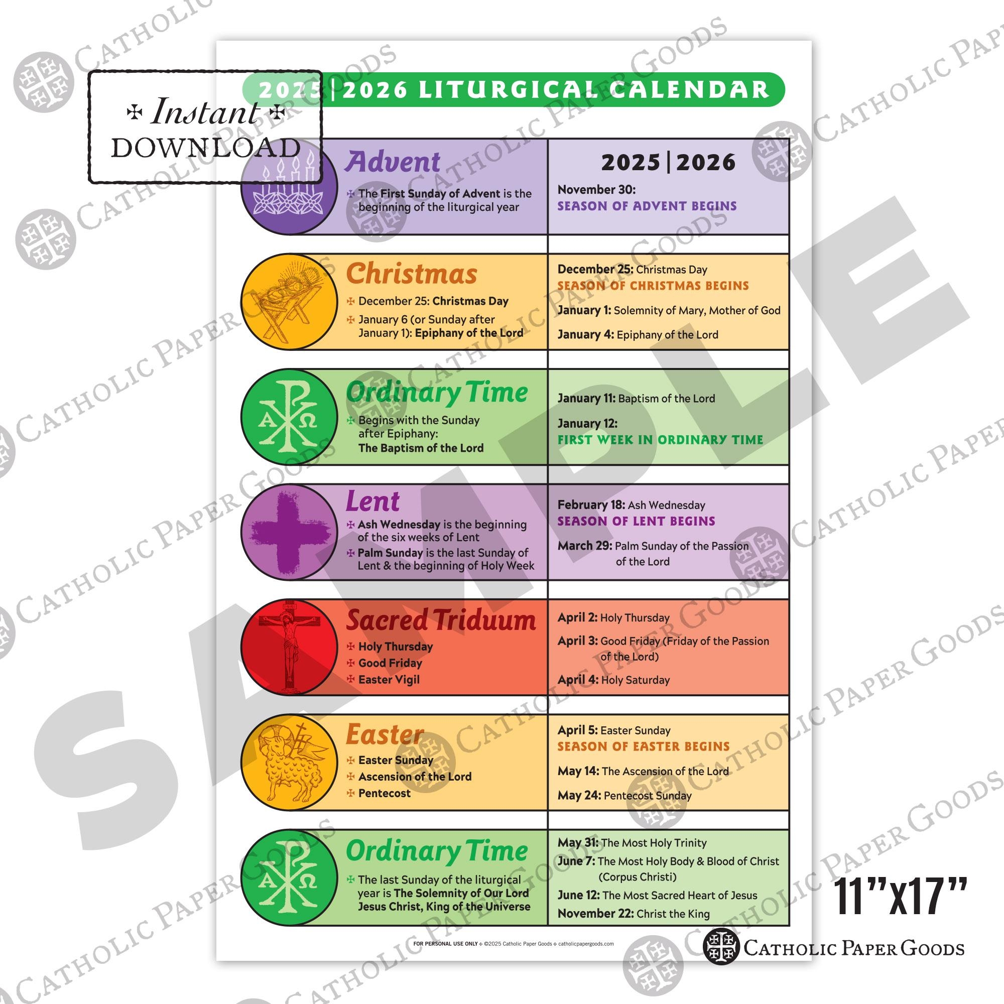 Catholic Liturgical Calendar 2025 26 11x17 Color Poster Digital Download 