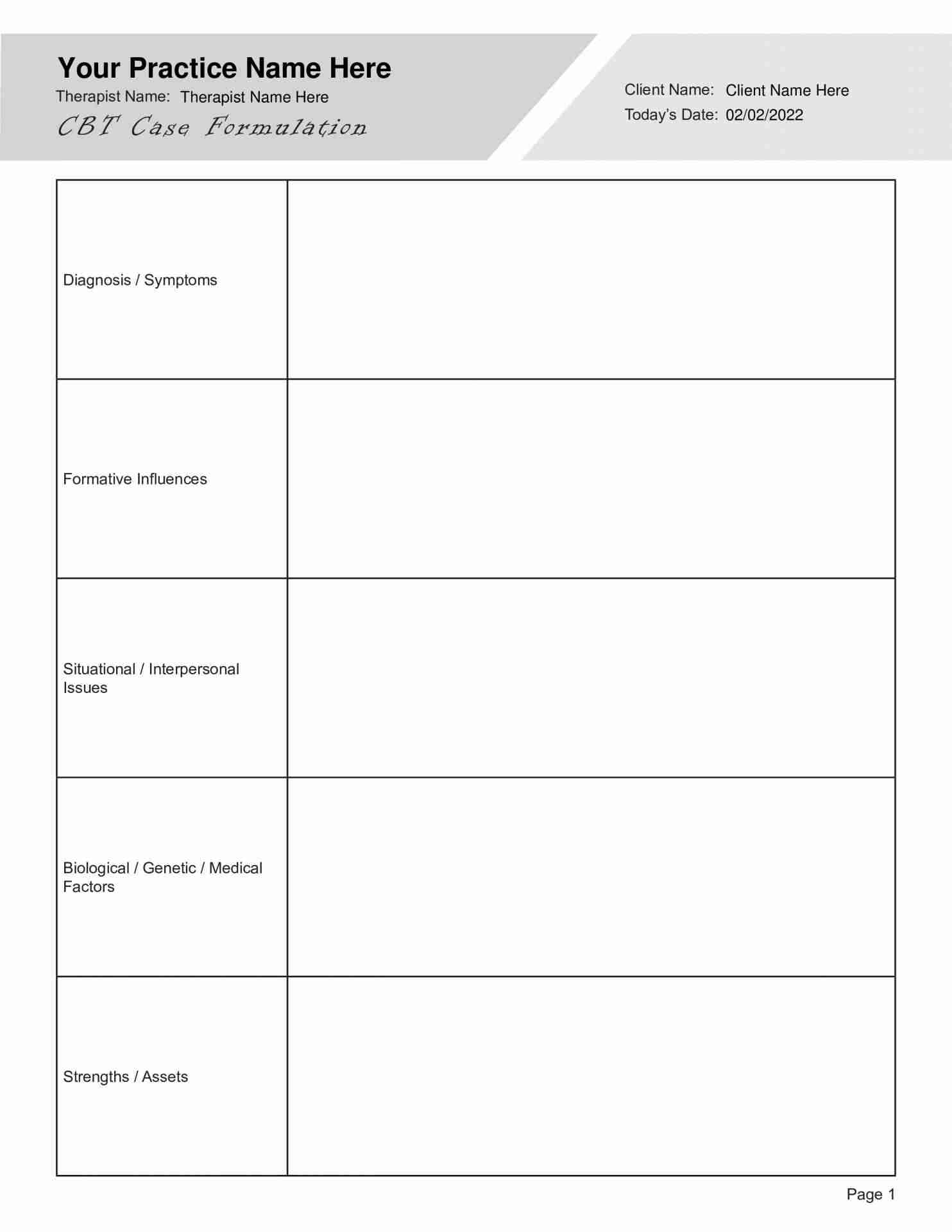 CBT Case Formulation Worksheet PDF Template TherapyByPro