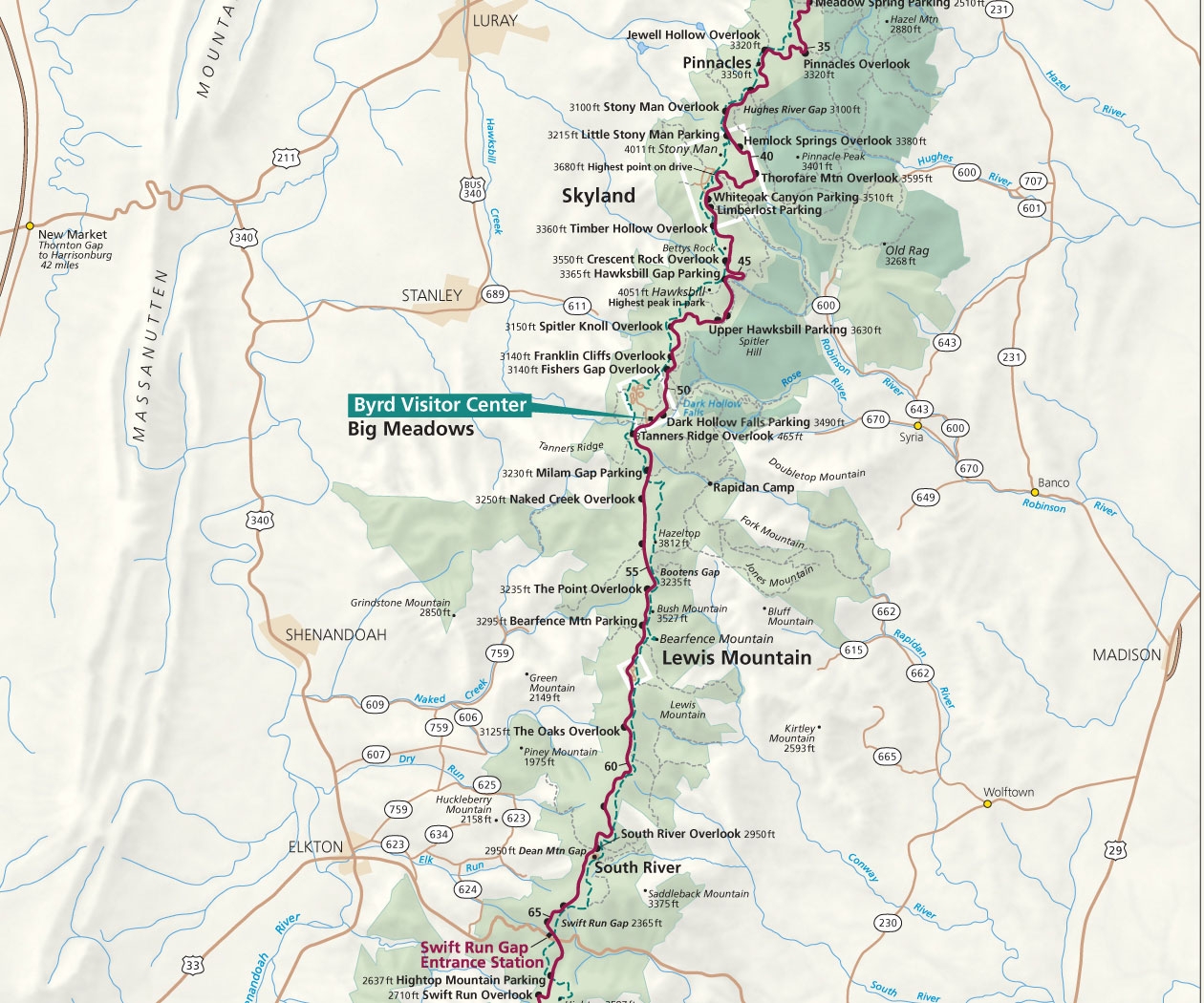 Central District Skyline Drive Map Skyline Drive Overlooks Shenandoah National Park