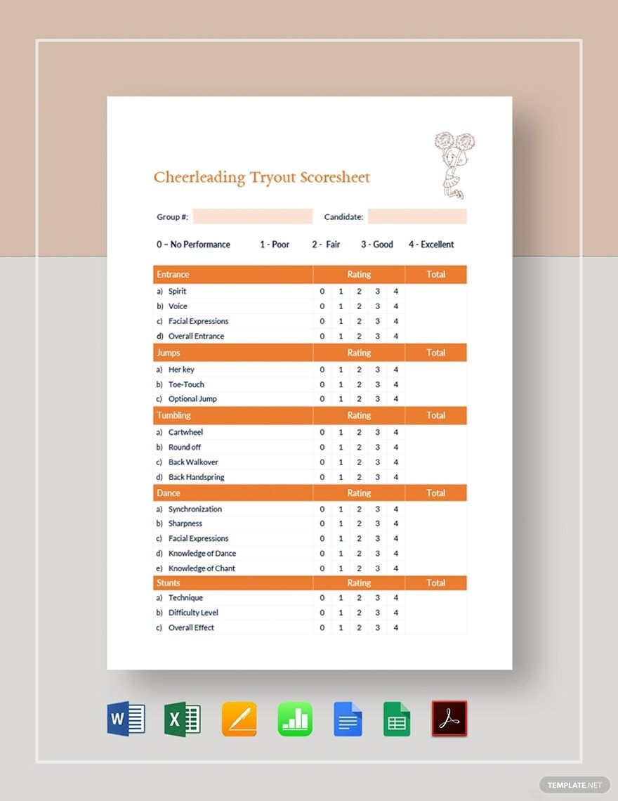Cheerleading Tryout Score Sheet Template In Word Pages Google Docs PDF Download Template