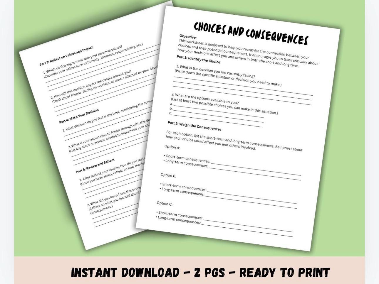 Printable Choices And Consequences Worksheet