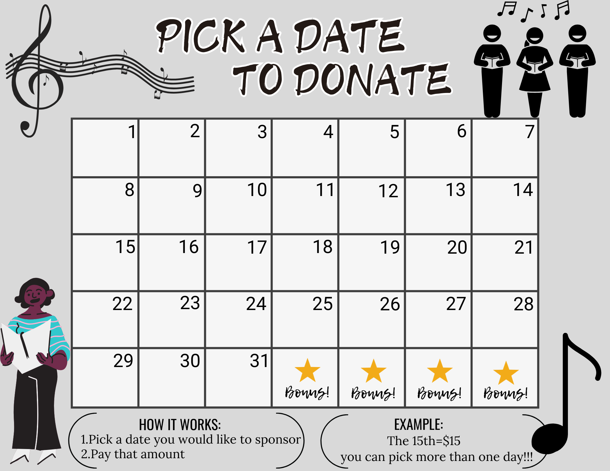 Choir Pick A Date To Donate Calendar Fundraiser Printable INSTANT DOWNLOAD 