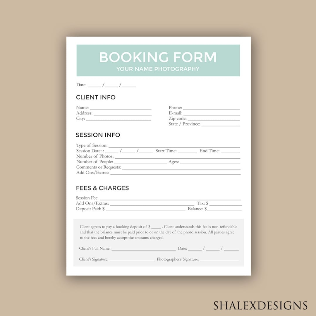 Client Booking Form For Photographer Booking Sessions Template Photography Contract Session Booking Sign Up PSD INSTANT DOWNLOAD Etsy