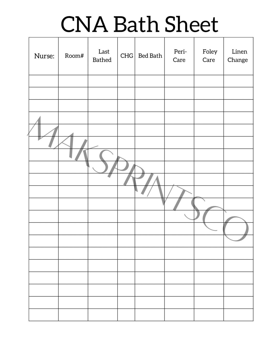 CNA Bath Report Sheet Document Etsy