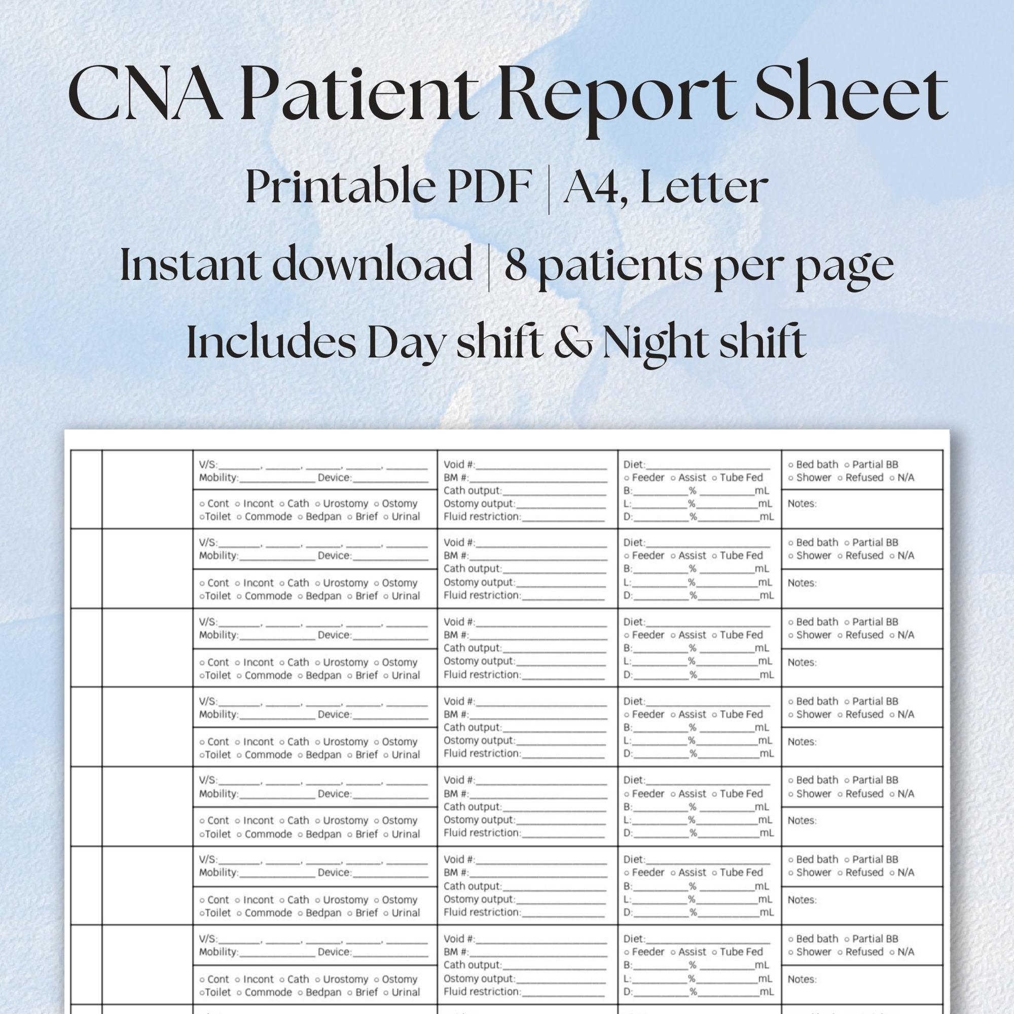 CNA Report Sheet Nursing Assistant Report Sheet UAP 8 Patient Report Sheet Double Sided Day Shift Night Shift Template Etsy