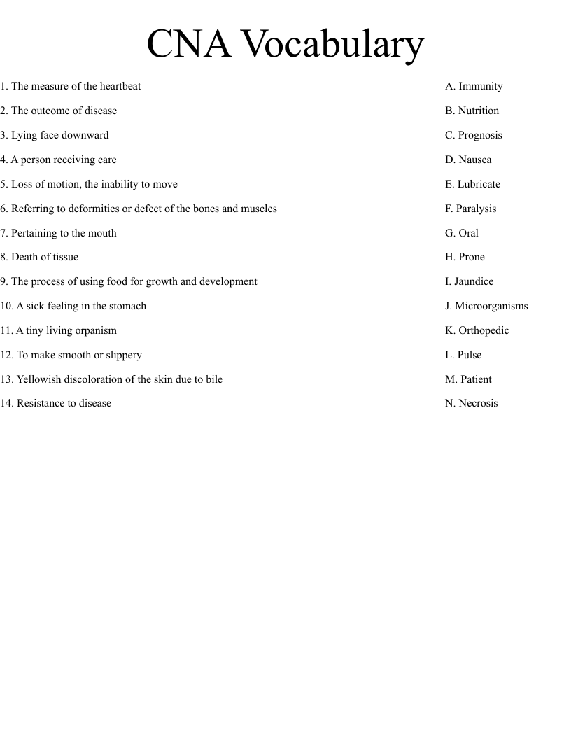 CNA Vocabulary Worksheet WordMint