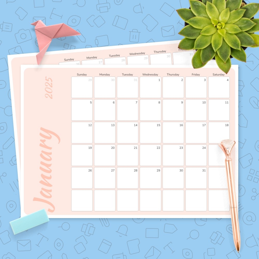 Colored Pink Monthly Calendar Template Printable PDF