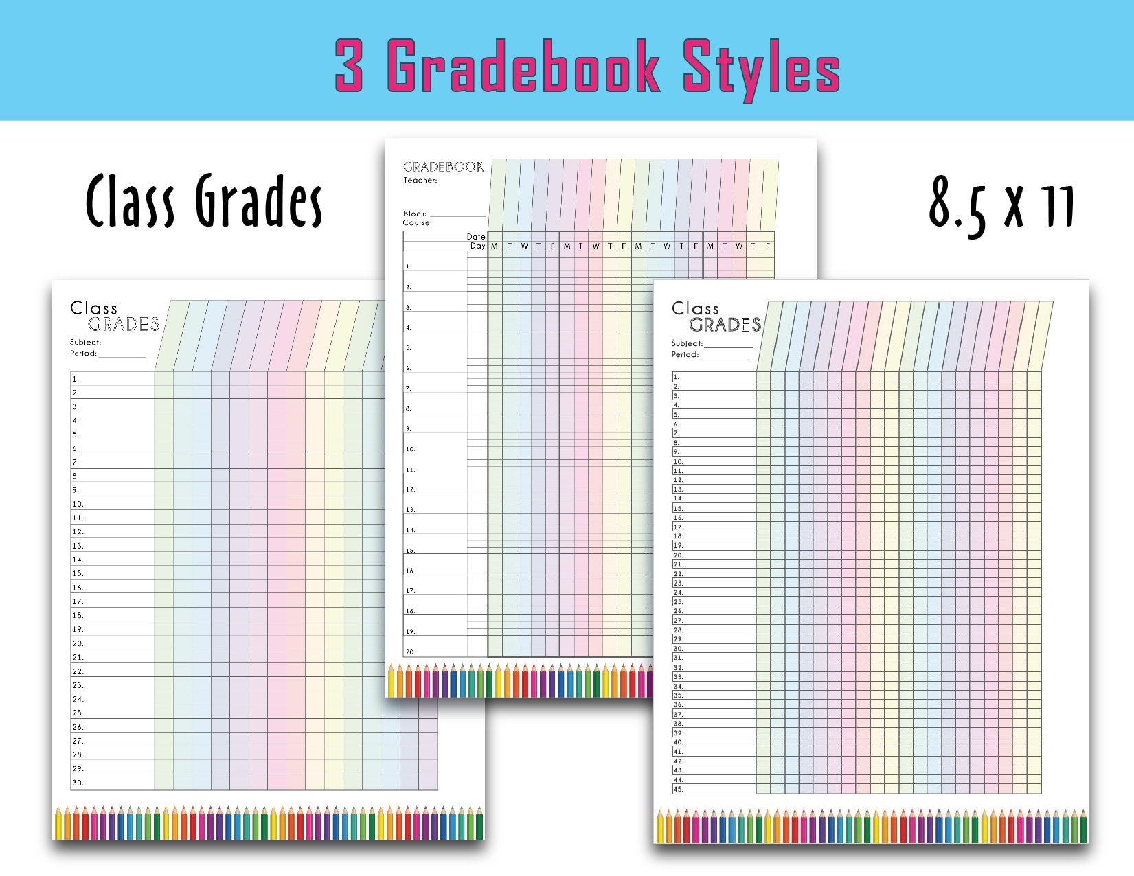Colorful Teacher Grade Sheet Printable Grade Log Teacher Gradebook Full Page 3 Options Instant Download Etsy