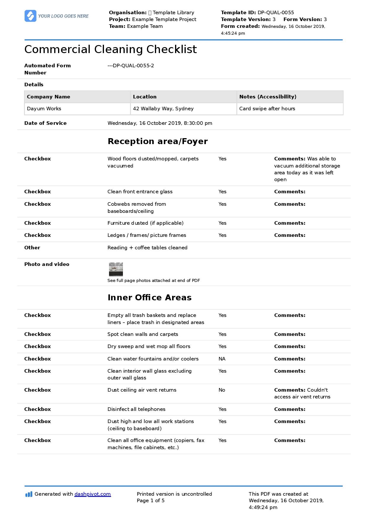 Commercial Cleaning Checklist Template Free U0026 Printable