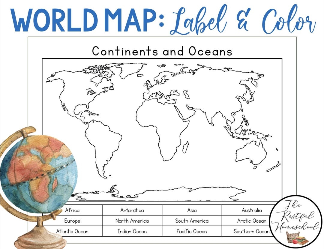Continents And Oceans Color And Label Blank World Map Elementary Geography Homeschool Printable Activities Social Studies Etsy UK