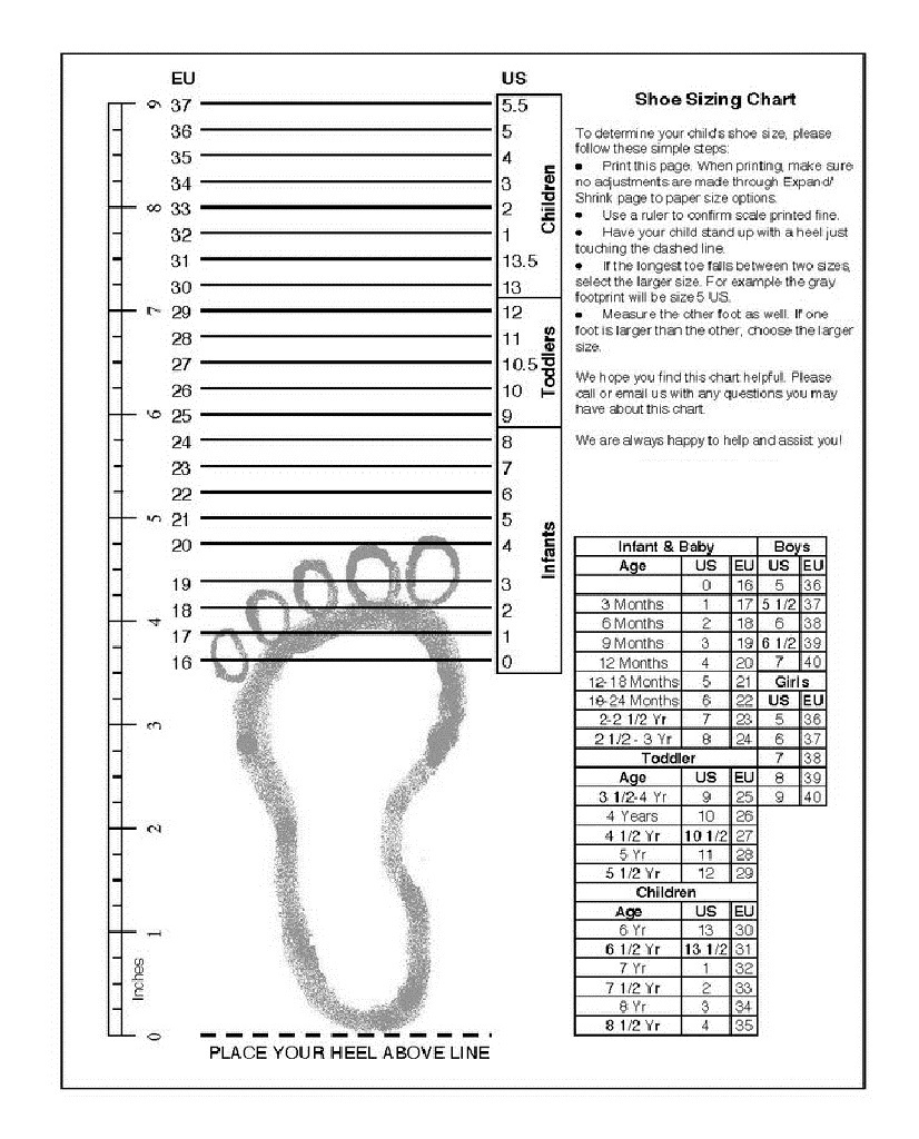 Mens Printable Foot Size Chart
