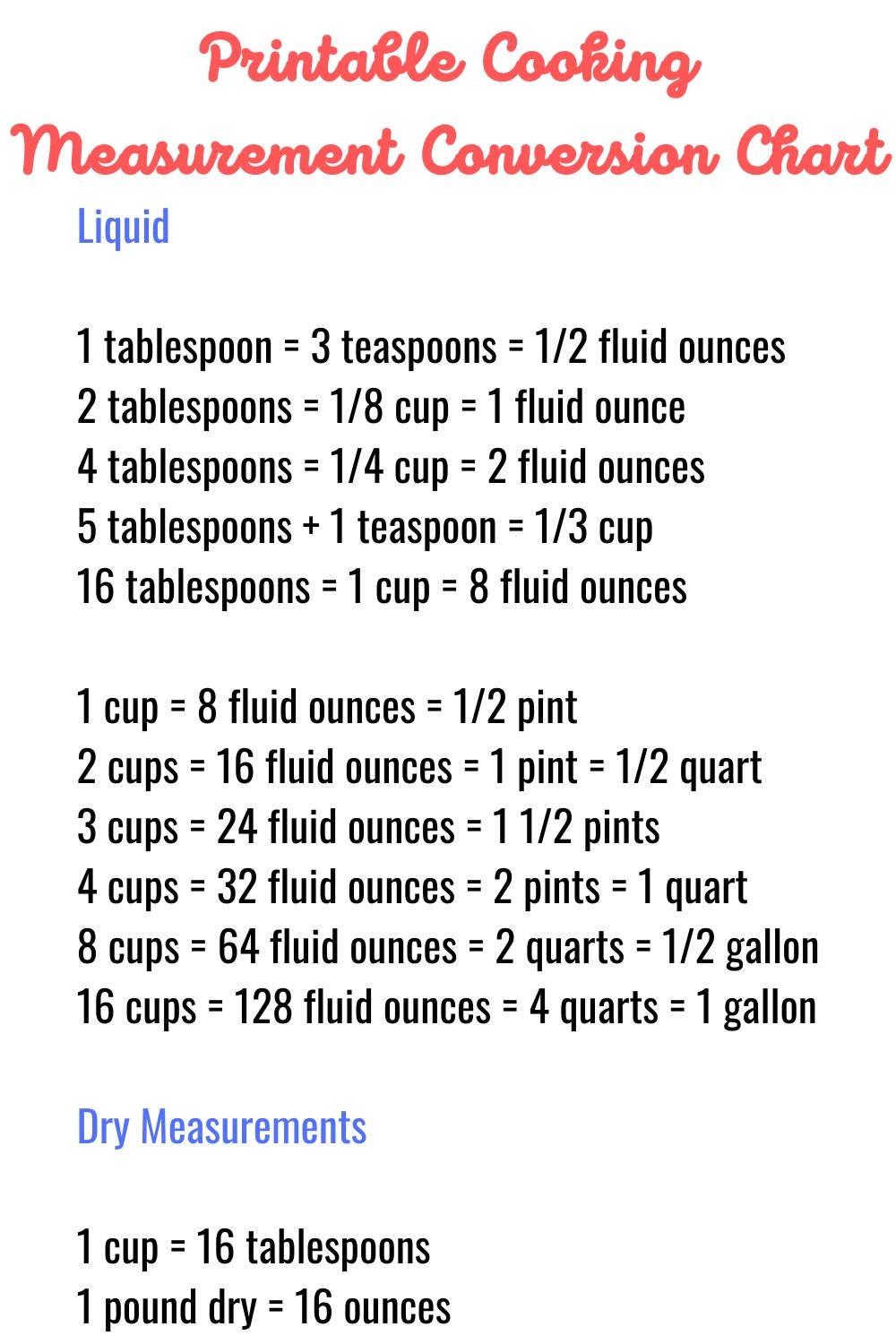Printable Cooking Measurement Chart