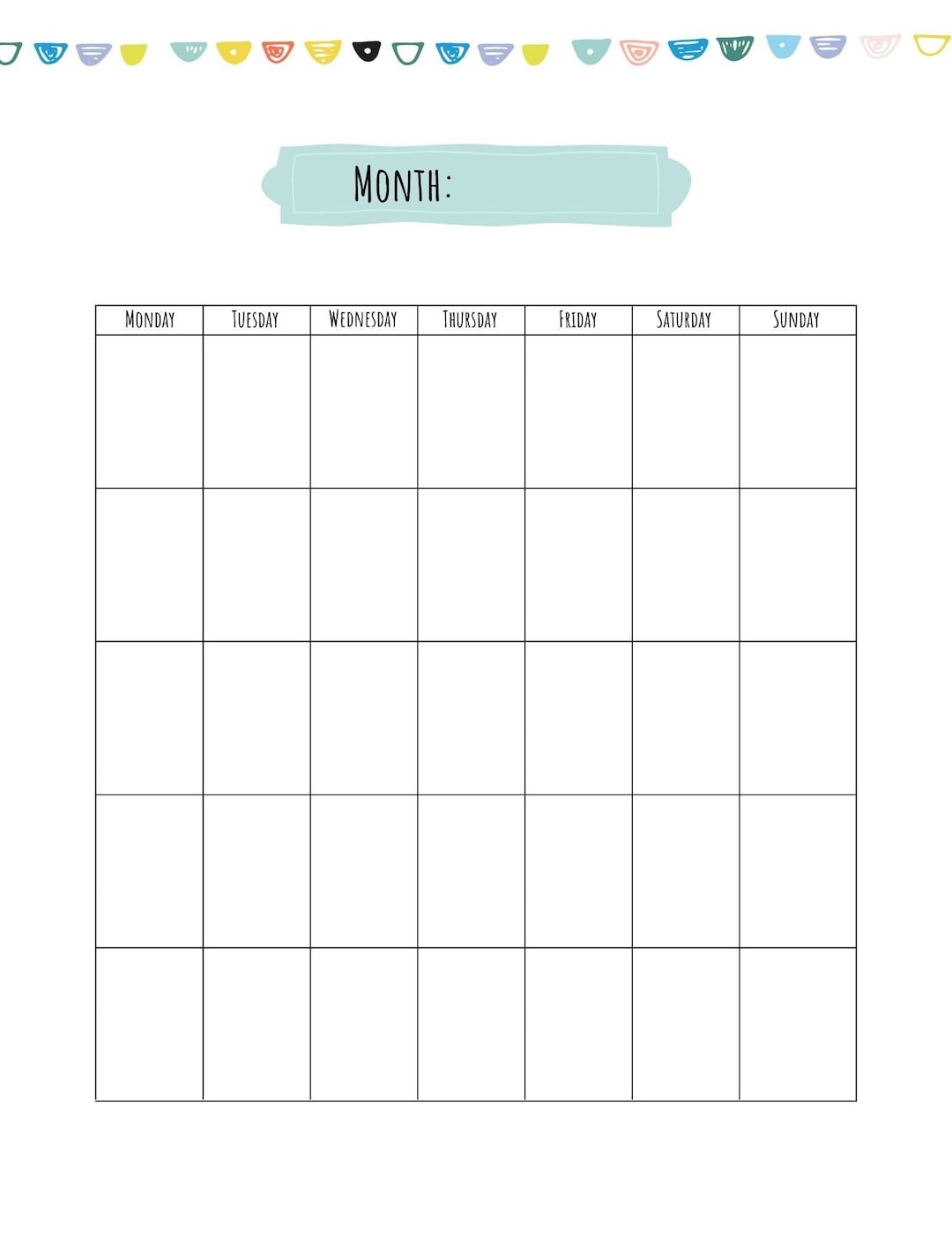 Cute Blank Calendar Template 8 5 X 11 Inches Vertical Printable Calendar Page PDF Printable Instant Download Etsy