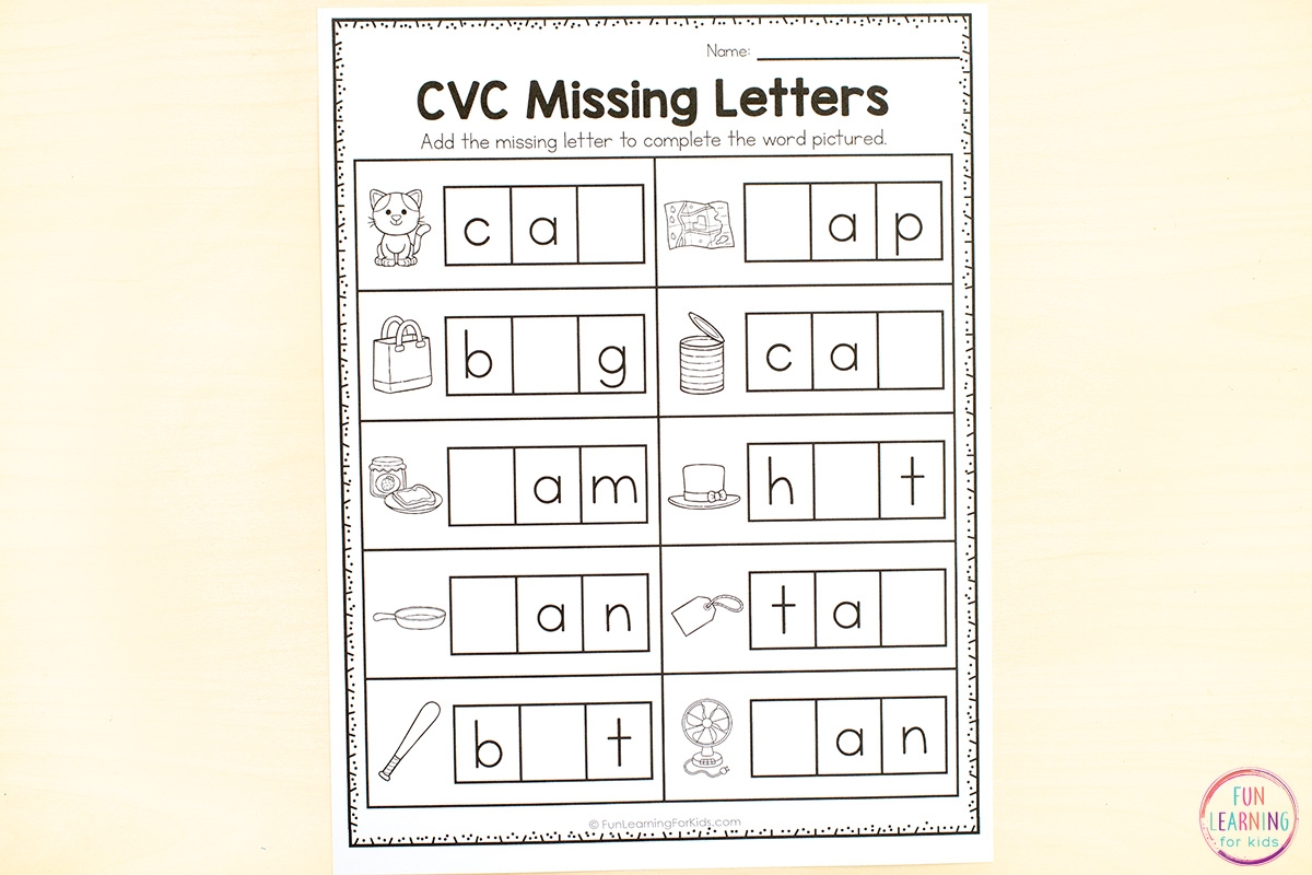 CVC Missing Letter Worksheets For Phonics Practice