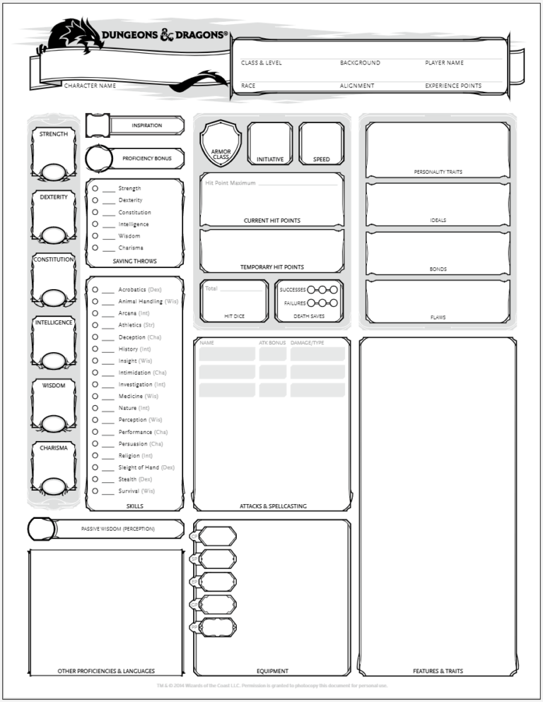 D D 5E Character Sheet Editable Printable Fillable PDF D D 5e Character Sheets