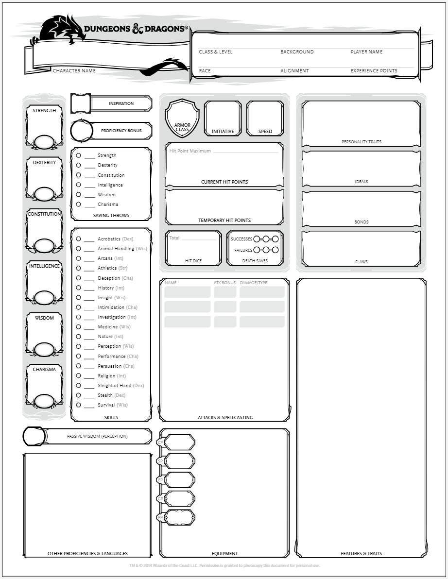 D D 5E Character Sheet Editable Printable Fillable PDF D D 5e Character Sheets