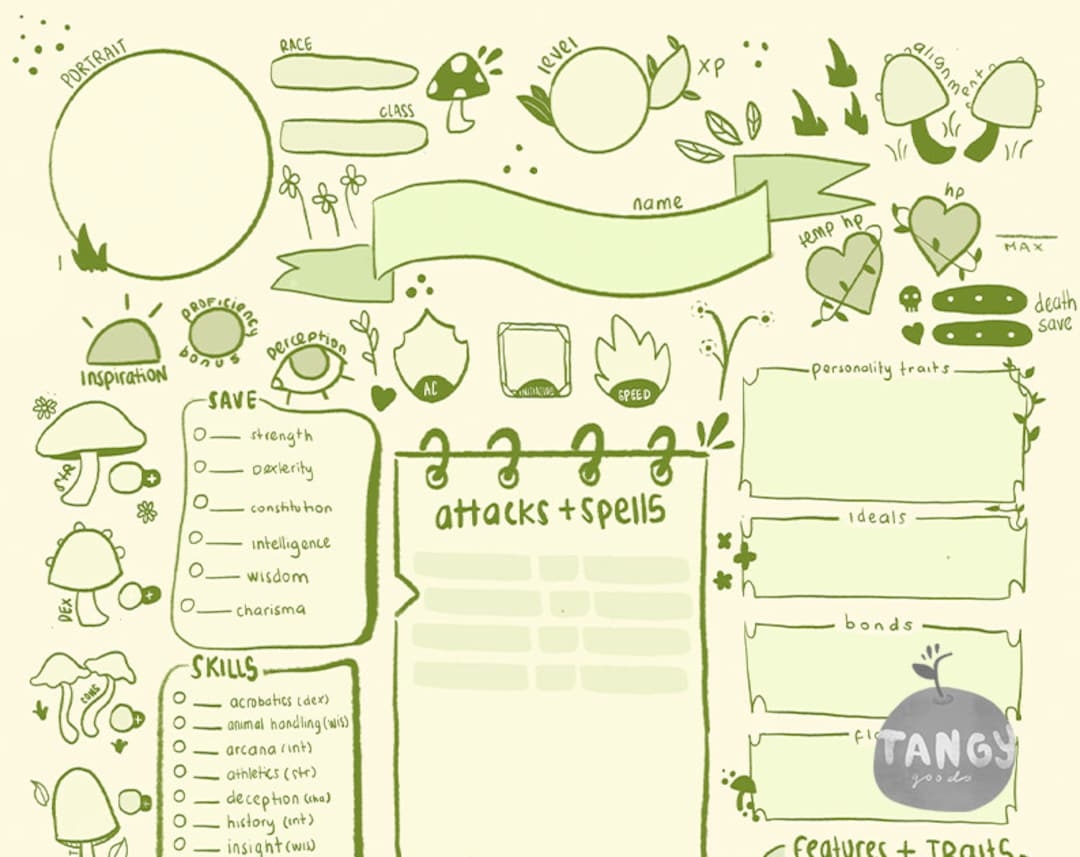 D D 5e Character Sheet PDF Printable For Dungeons And Dragons Mushroom Cute Sketchy Style Etsy UK