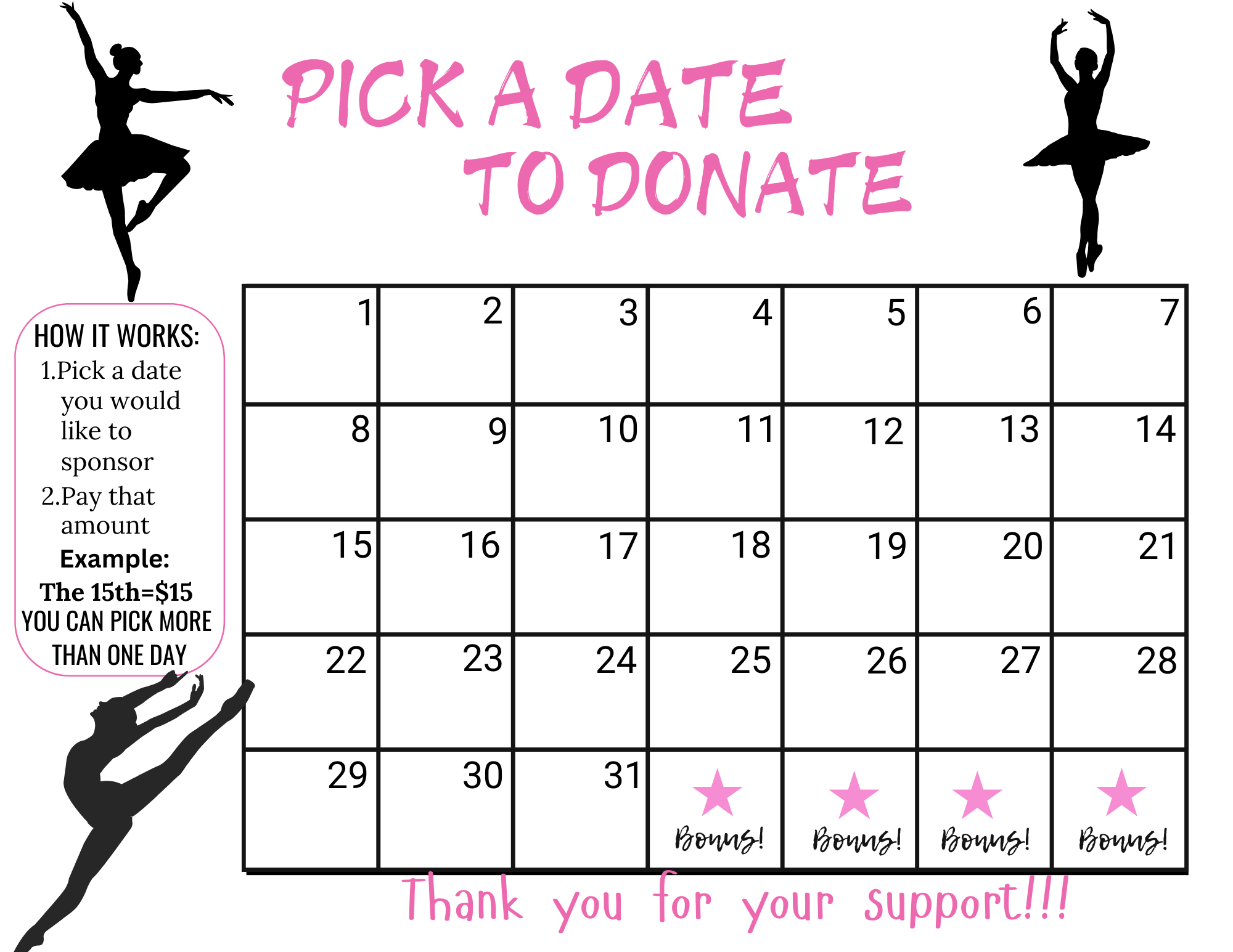 Dance Pick A Date To Donate Calendar Fundraiser Printable