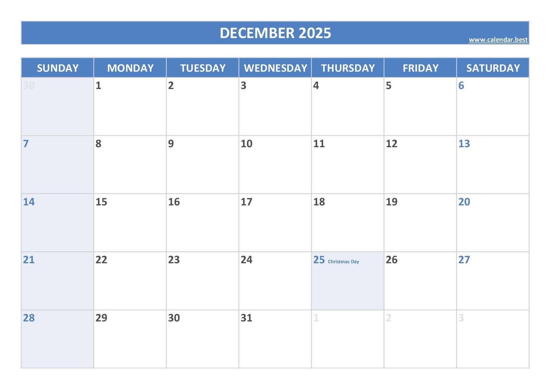 December 2025 Calendar With Holidays Printable