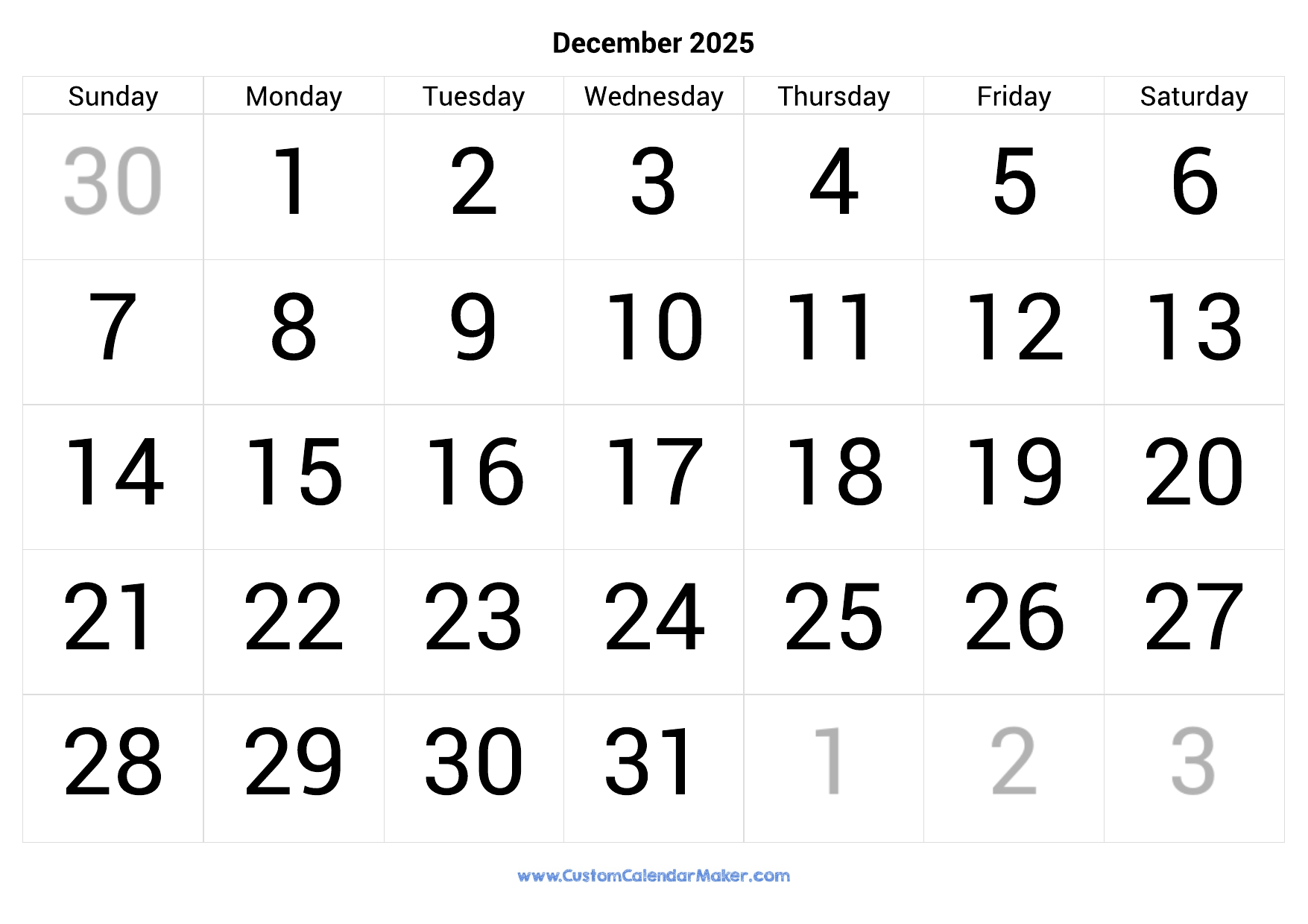 December 2025 Calendar Printable With Large Numbers Custom Calendar Maker