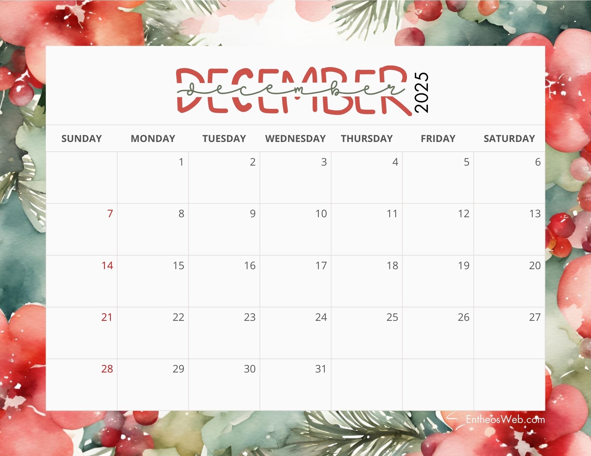 December 2025 Calendar Printables EntheosWeb