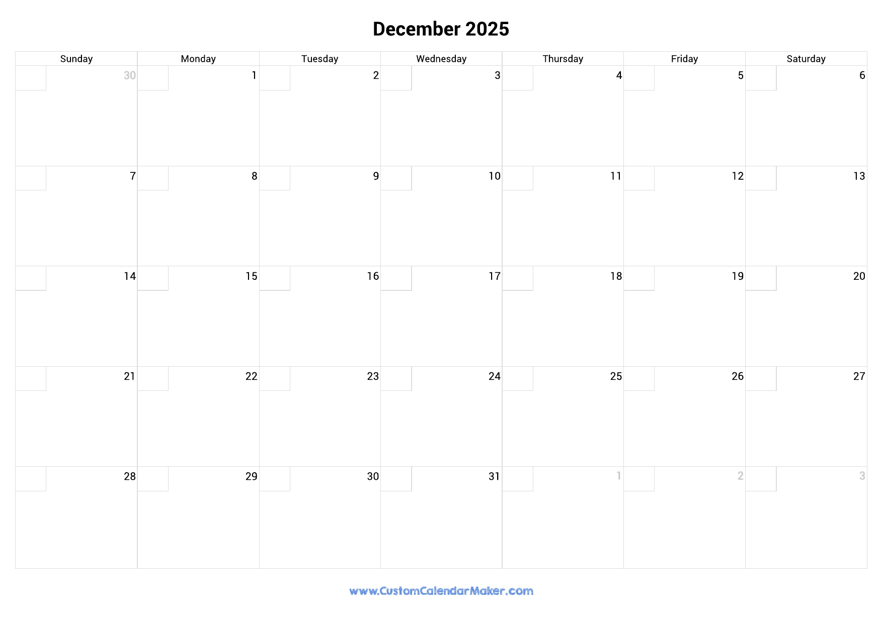 December Month Calendar 2025