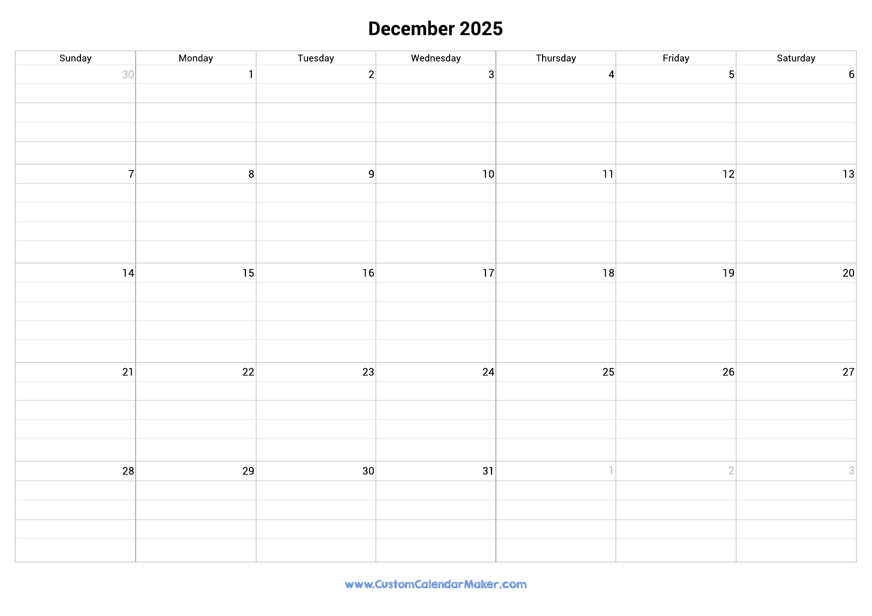 December 2025 Fillable Calendar Grid With Lines Custom Calendar Maker