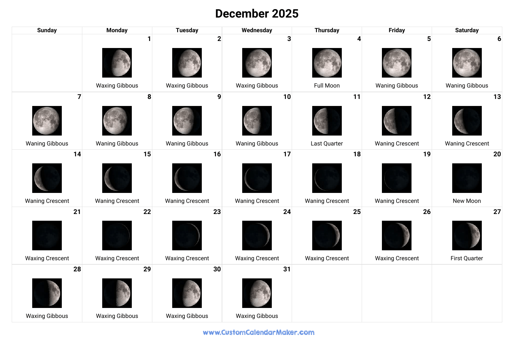 December 2025 Moon Phases Calendar Custom Calendar Maker