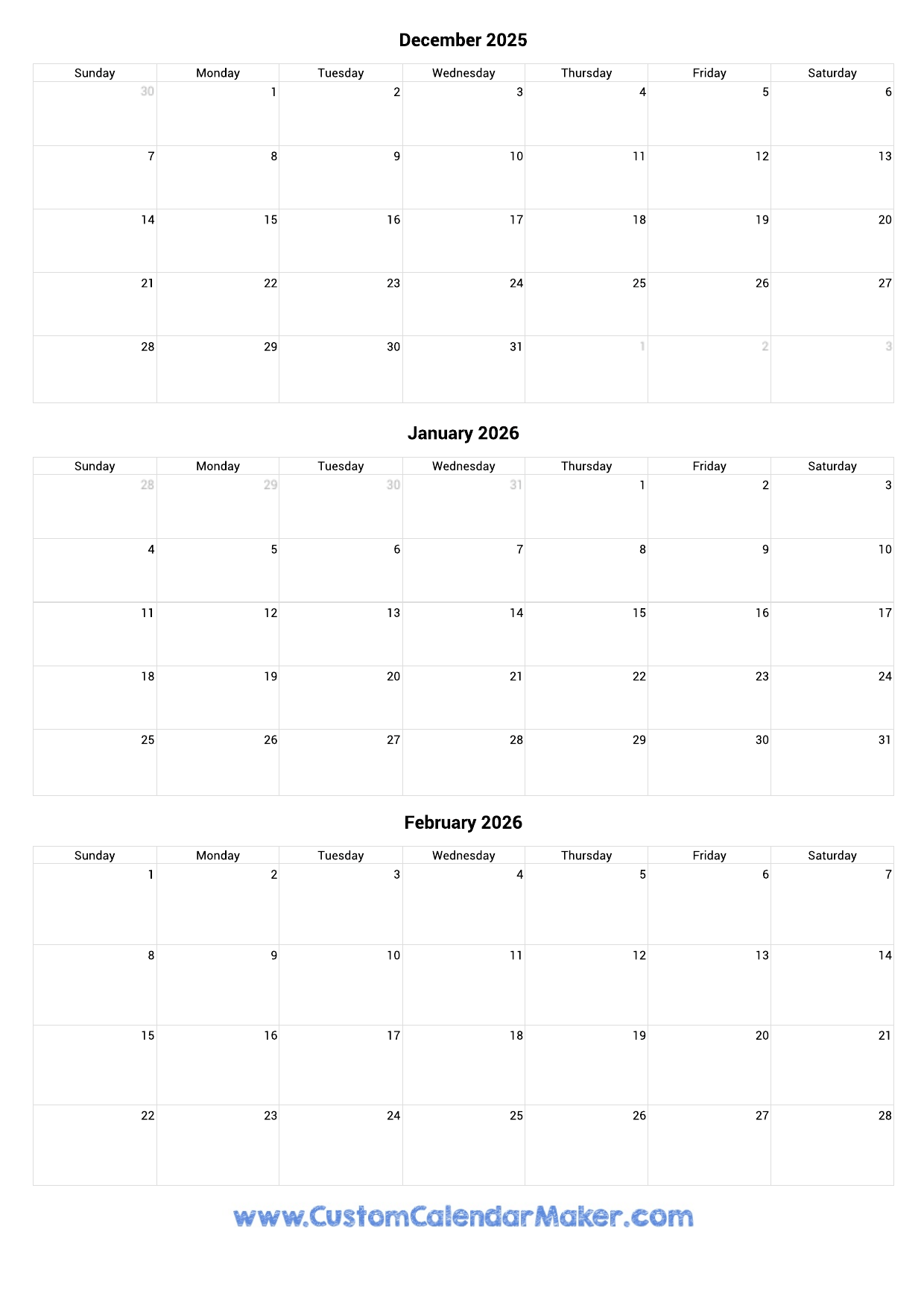 December 2025 To February 2026 Calendar Printable Custom Calendar Maker
