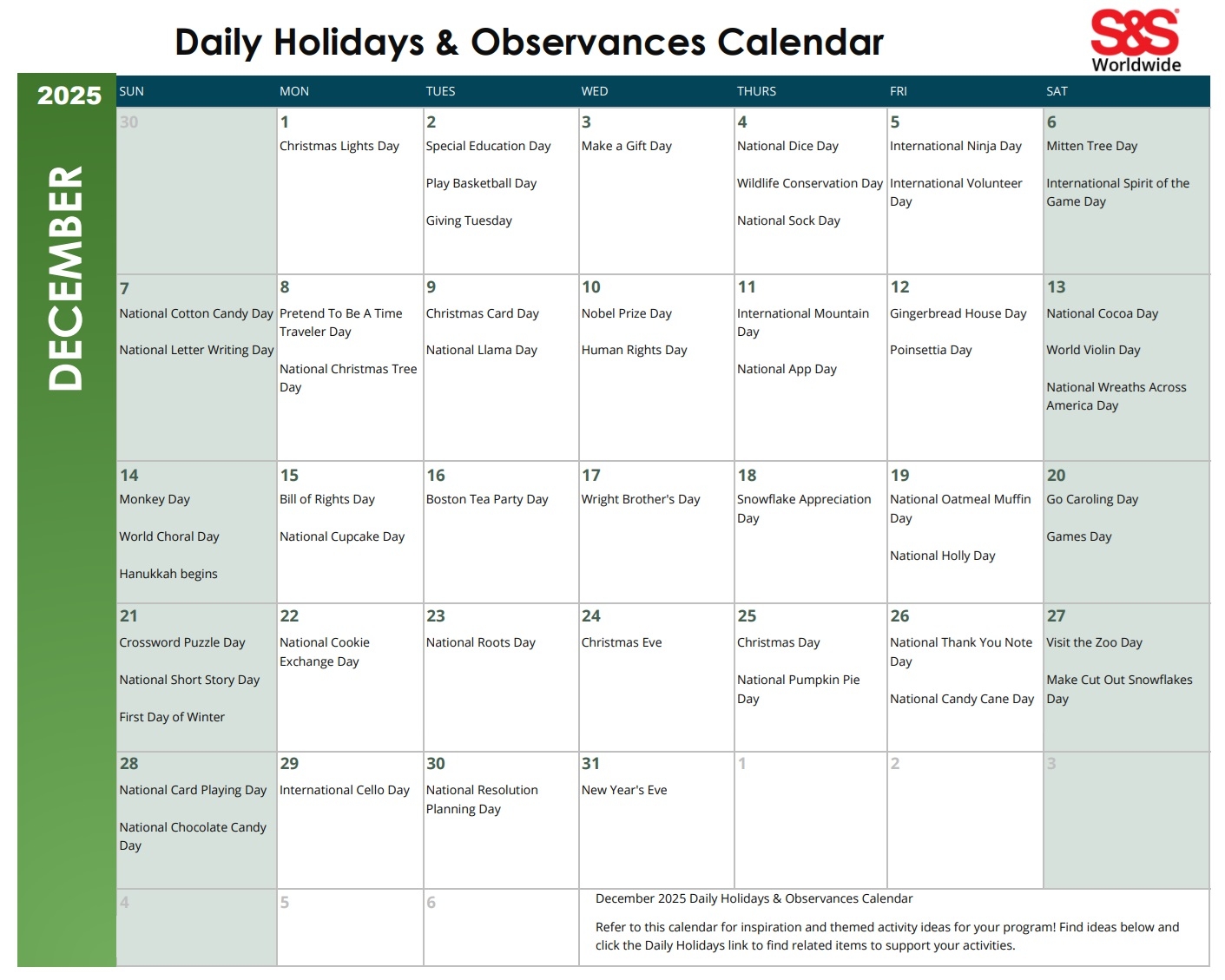 December Daily Holidays Observances Printable Calendar S S Blog