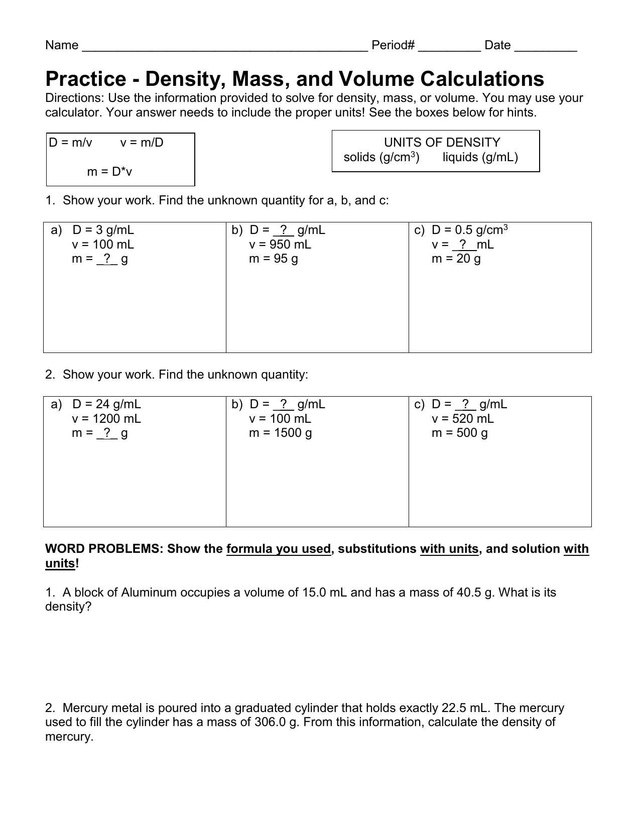 Printable Density Worksheet Printable Density Worksheet