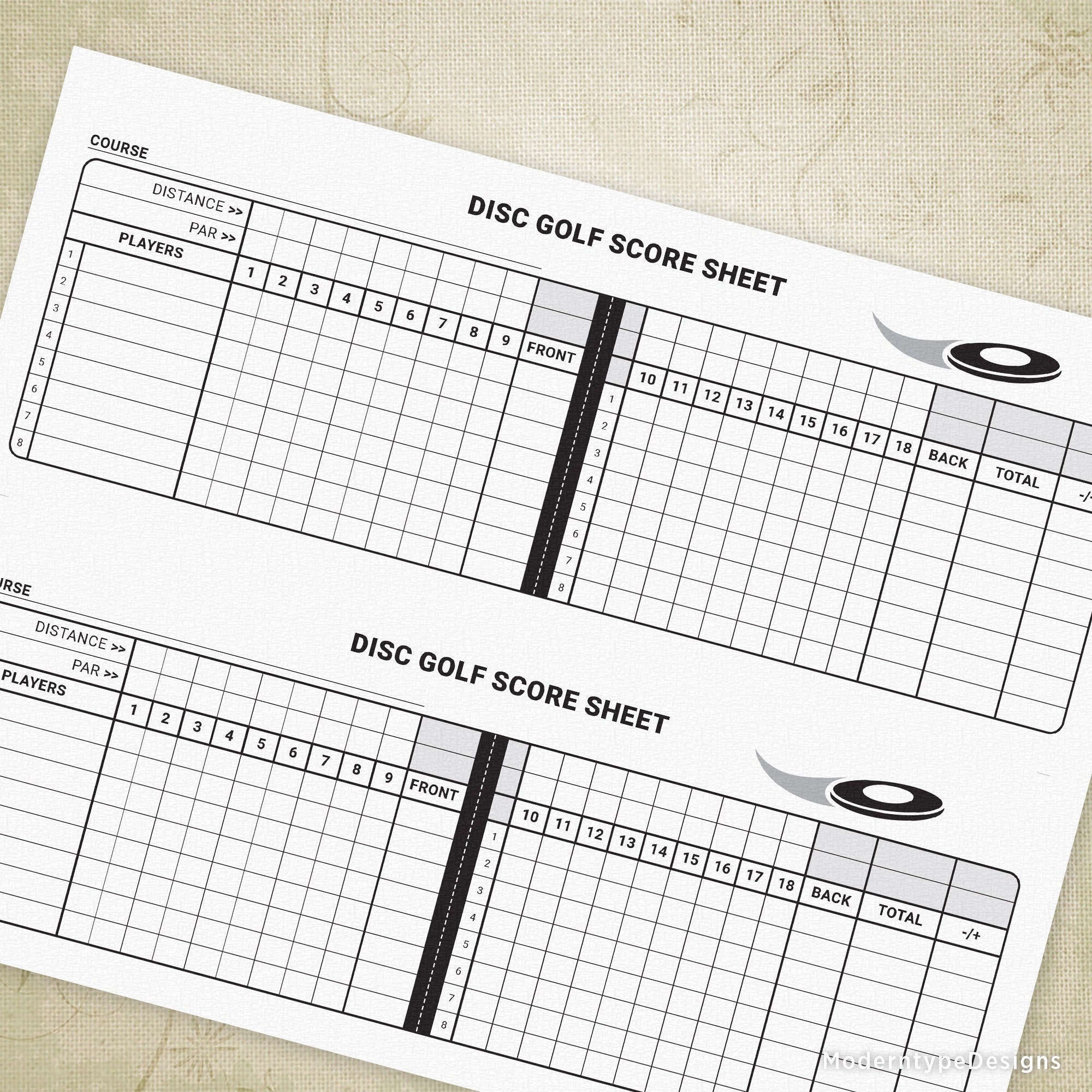 Disc Golf Score Sheet Printable Flying Frolf Back Nine Front 