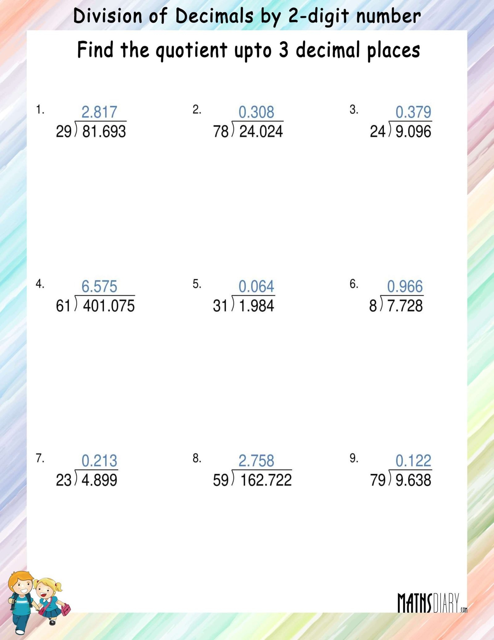 Division Of Decimals By 2 digit Number Math Worksheets MathsDiary
