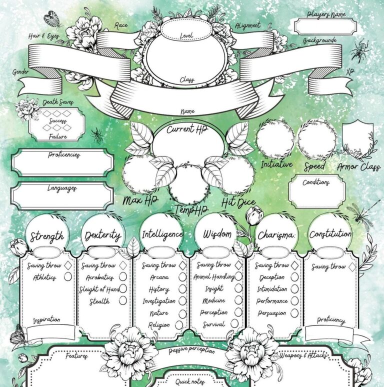 Dnd Printable Character Sheet Dnd Botanical Character Sheet Dnd Character Sheet Template D D Druid Character Sheet RPG Character Sheet Etsy