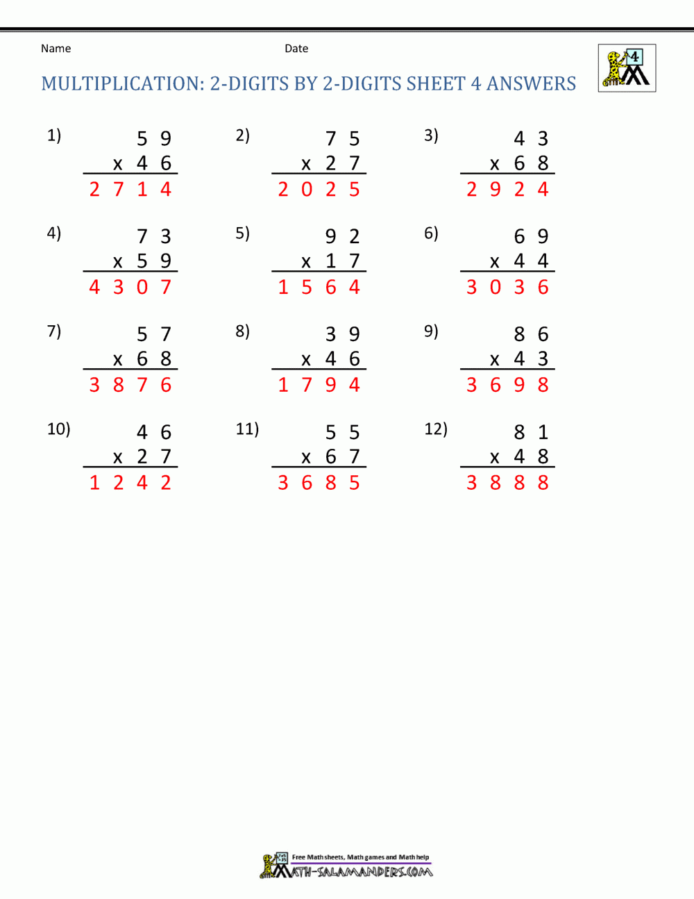 Double Digit Multiplication Worksheets 4th Grade
