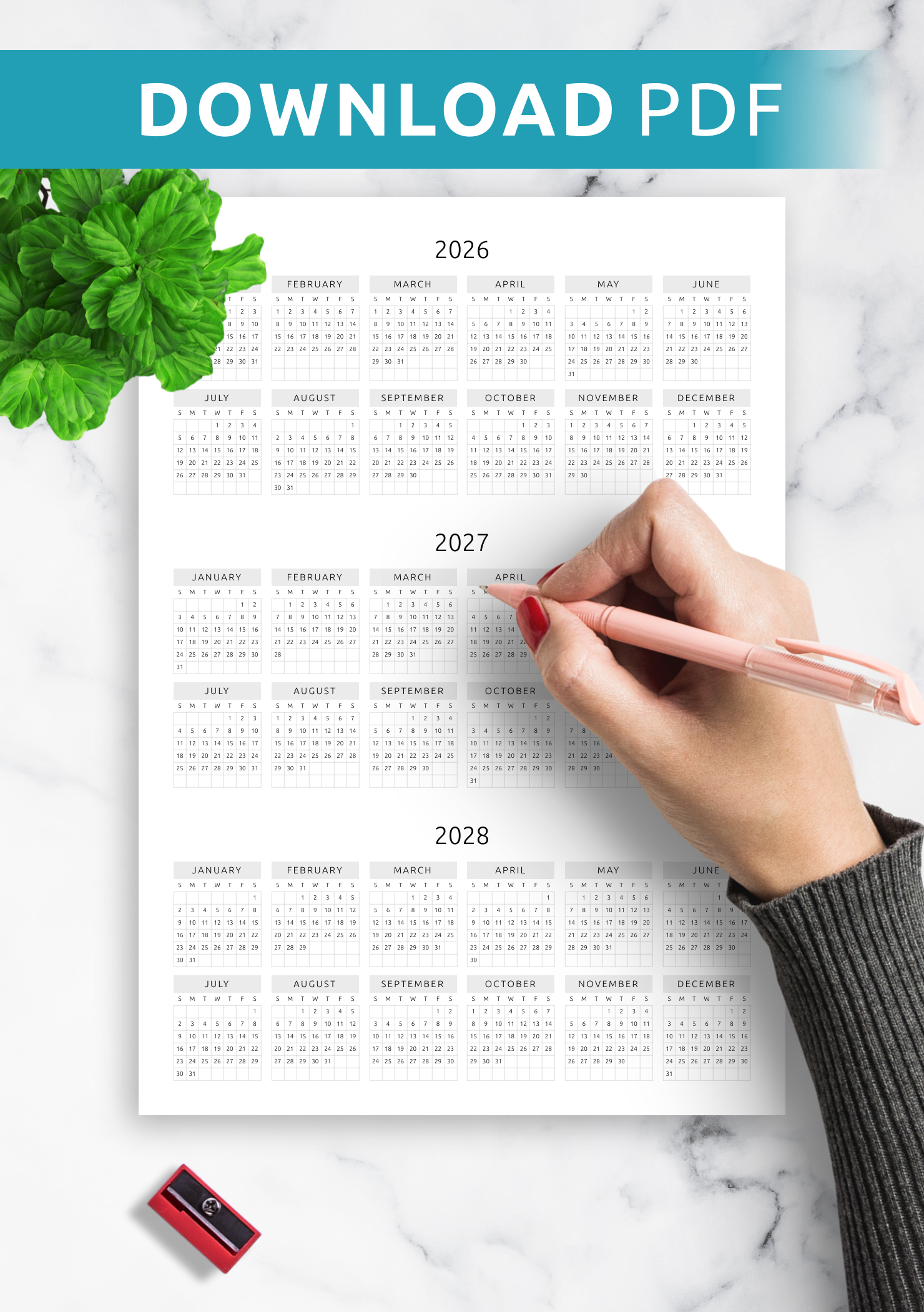 Download Printable 3 year Calendar Template Original Style PDF