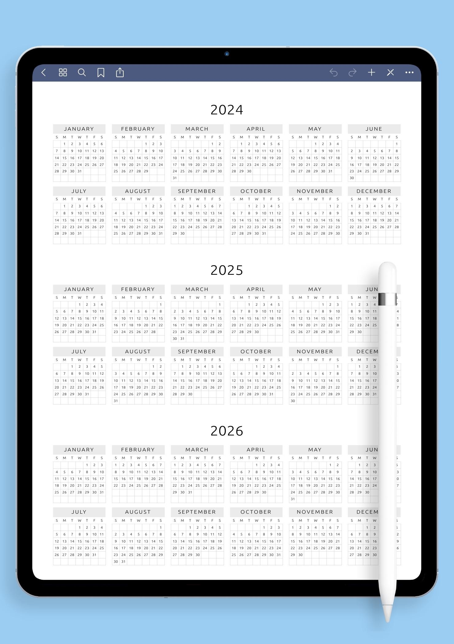 Download Printable 3 year Calendar Template Original Style PDF