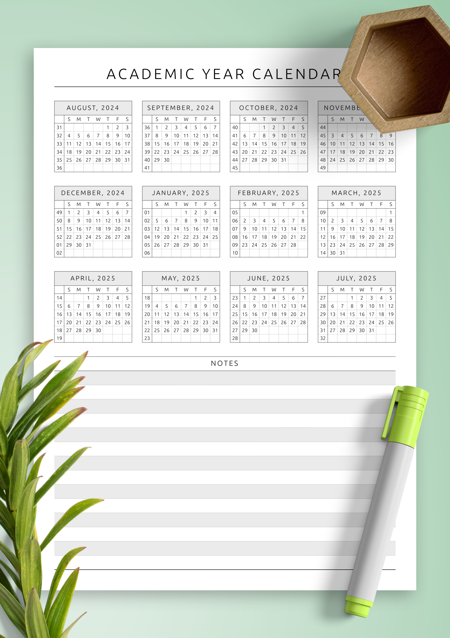 Download Printable Academic Year At a Glance Calendar Template PDF