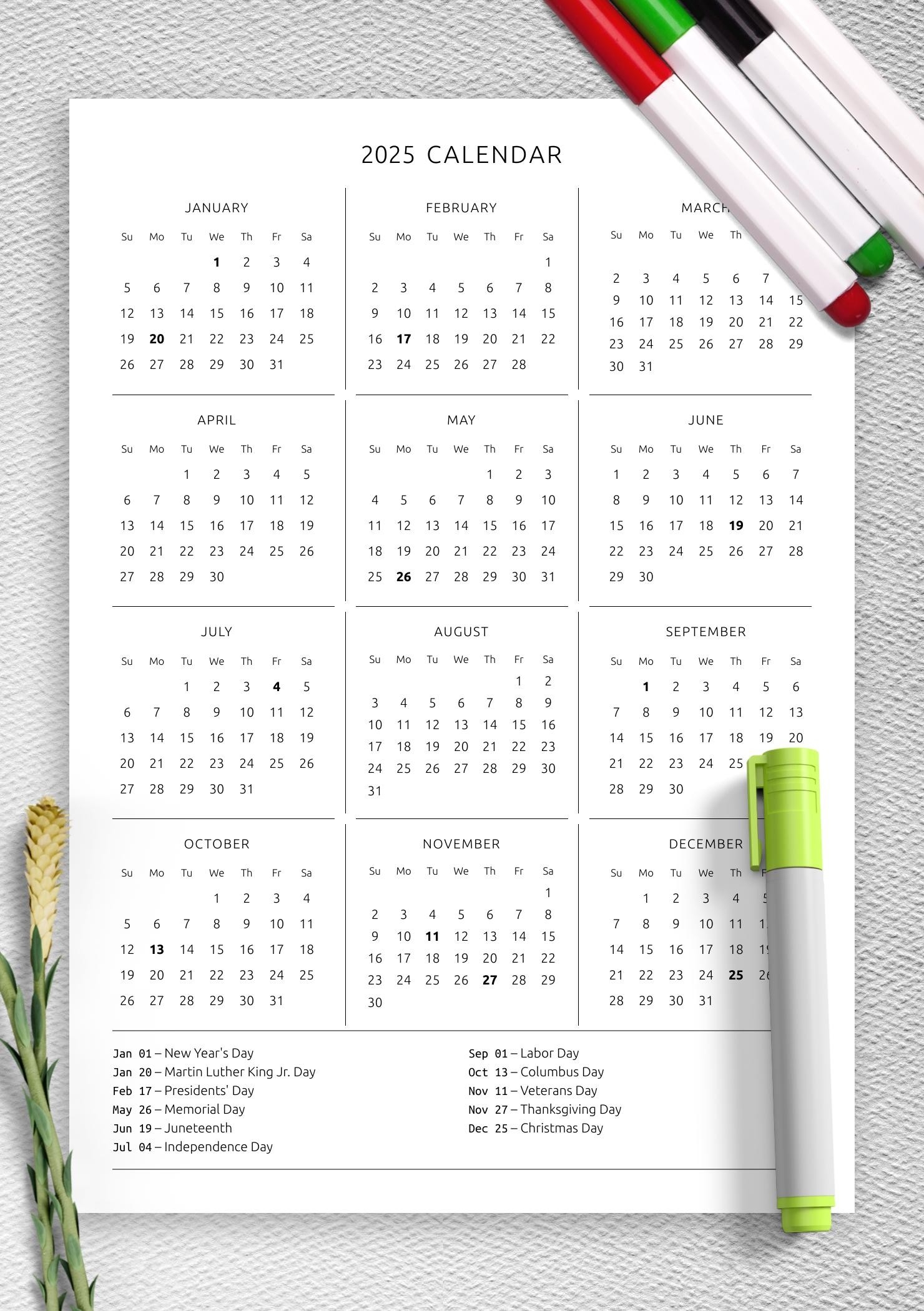 One Page Year Calendar Printable
