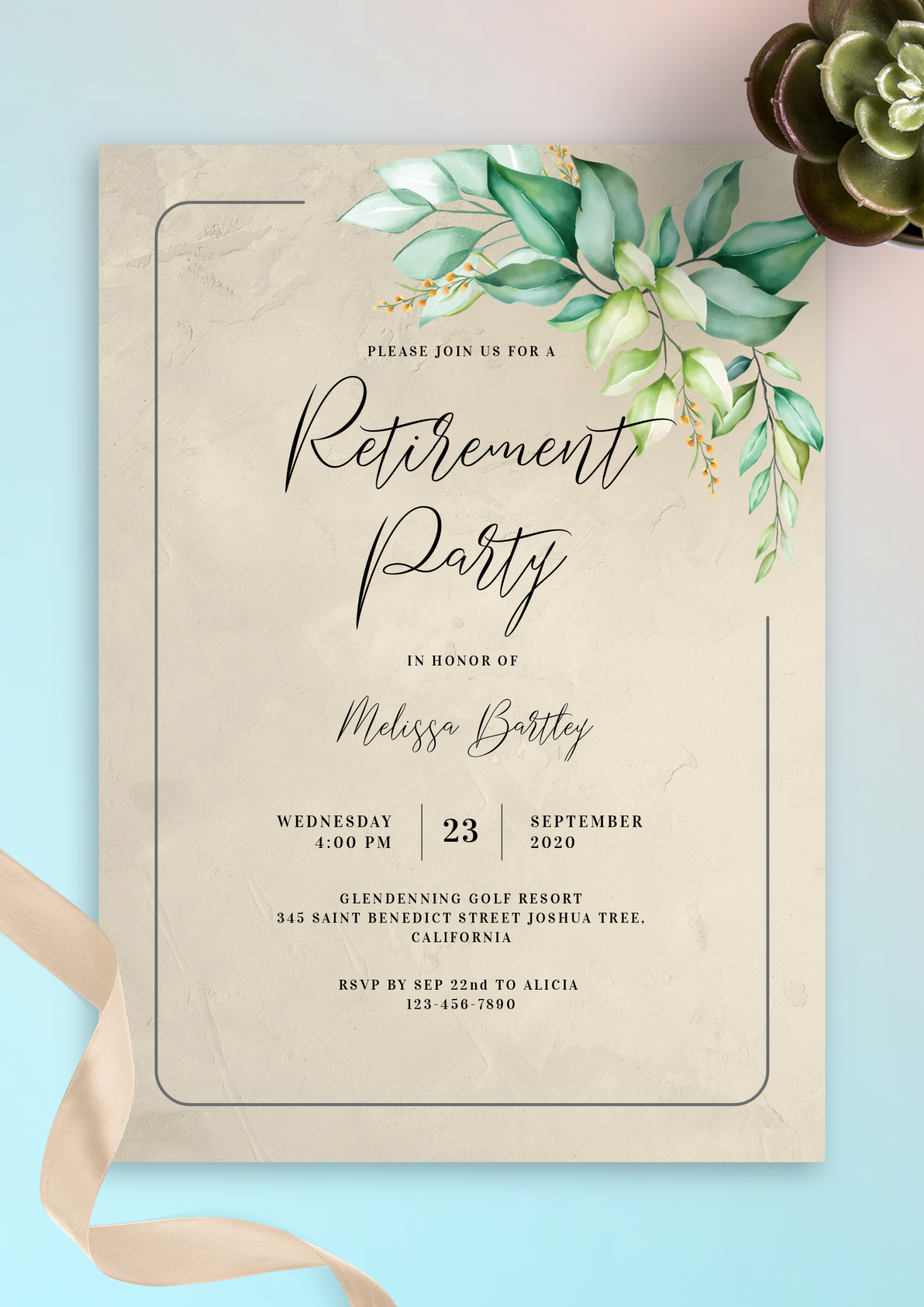 Download Printable Botanical Dusty Retirement Party Invitation PDF